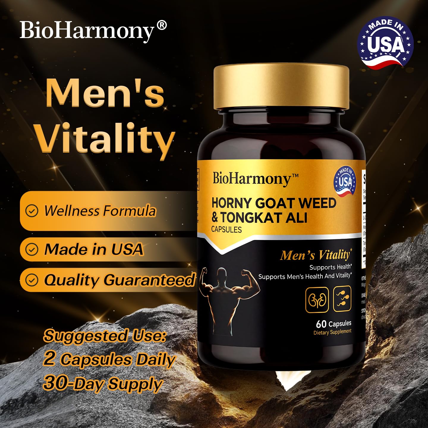 BioHarmony Horny Goat Weed for Men Tongkat Ali & L-Citrulline Supplement – 3-in-1 – Supports Male Vitality, Stamina, Energy & Endurance – 60 Capsules