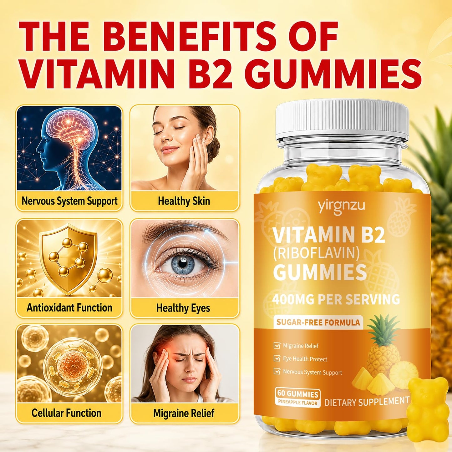 yirgnzu Vitamin B2 Gummies Riboflavin 400mg Supplement with Magnesium, Vegan, 60 Gummies