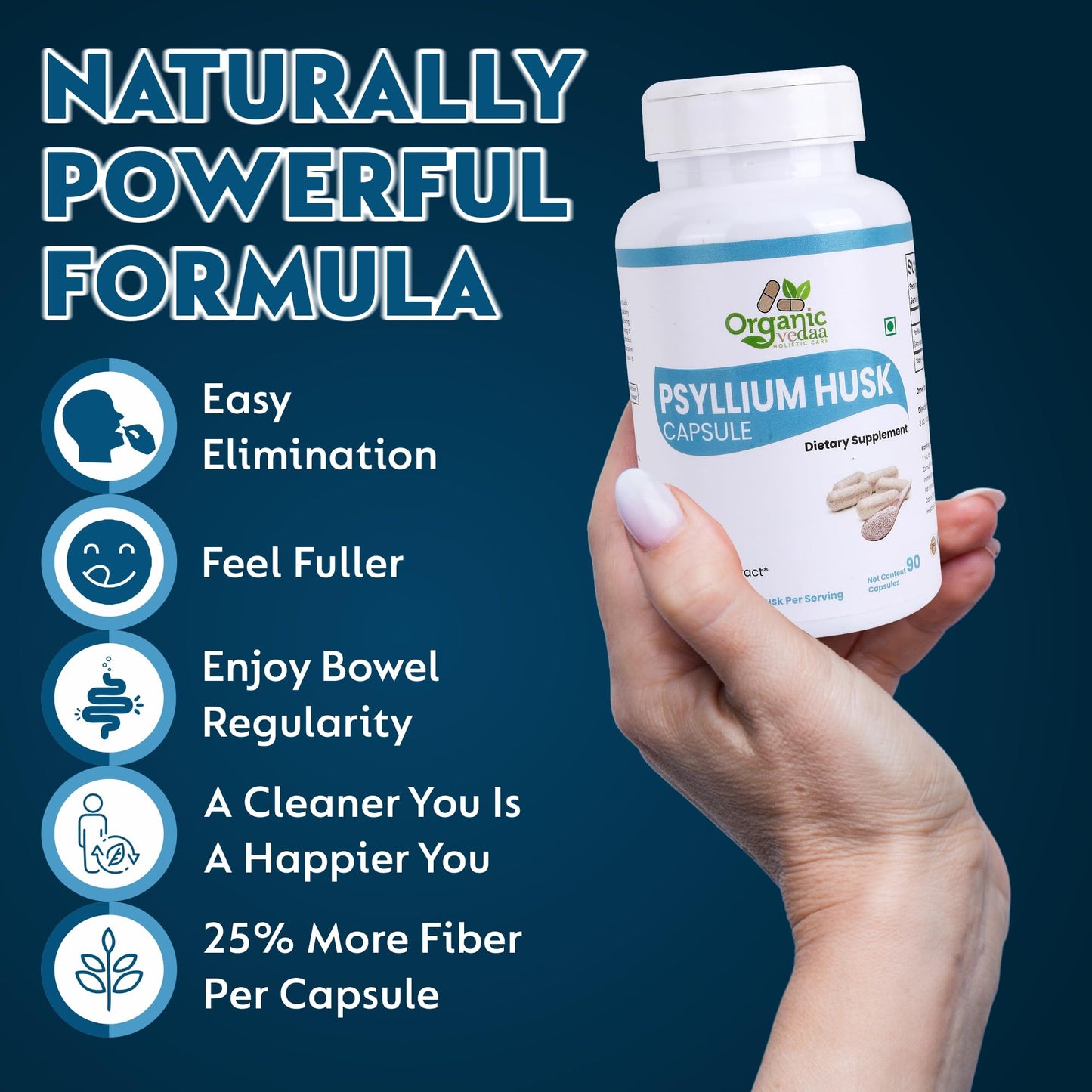 ORGANIC VEDAA HOLISTIC CARE Natural Fiber Supplement for Digestive Health & Regularity Psyllium Husk Fiber Capsules 1 Capsule