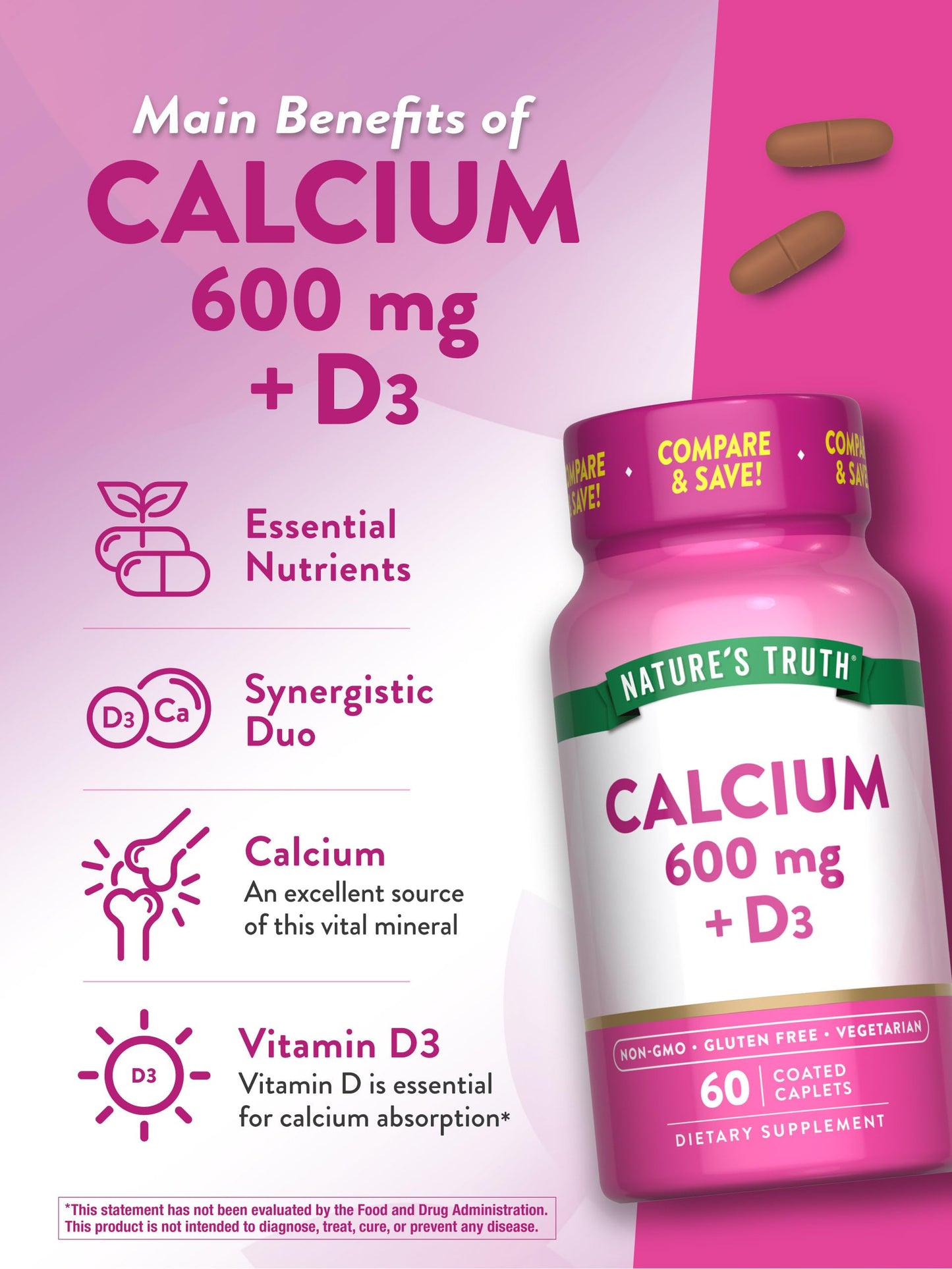 Nature's Truth Calcium 600 mg with Vitamin D3 Caplets, 60 Count