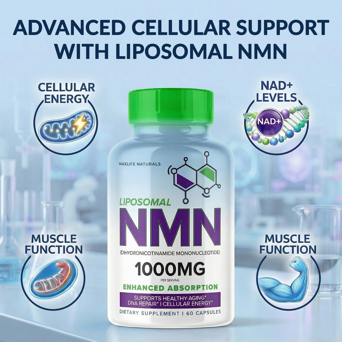 MAXLIFE NATURALS NMN Supplement 1000mg Liposomal 99% High Purity Capsule, 60 Count