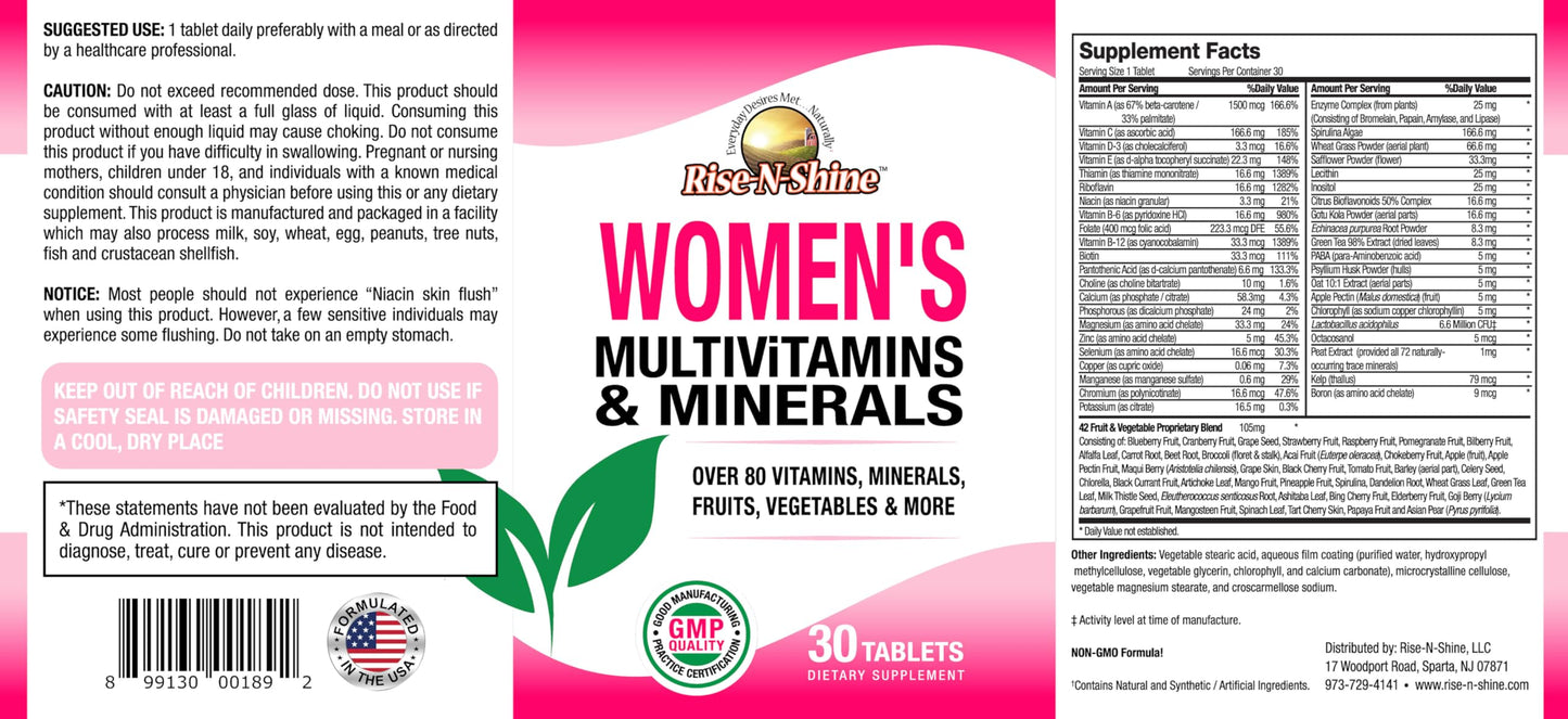 Rise-N-Shine Women's Multivitamin and Minerals with Zinc, Selenium, Calcium, Magnesium & More for Immune System Support - Energy, Skin Vitamins, 30 Tablets