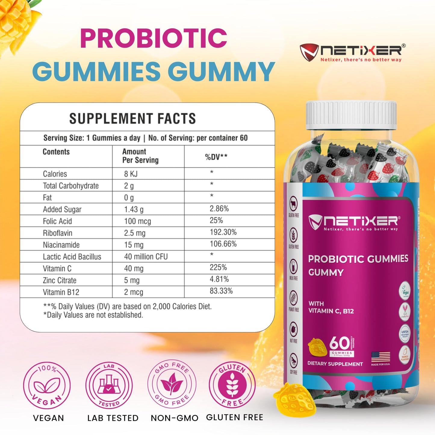 nETiXER Probiotic Gummies with Vitamin C, Vitamin B12, Folic Acid, Zinc, Niacinamide, Riboflavin & Probiotics (40 Million CFU) 60 Gummies