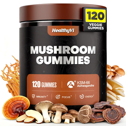 HealthyVi 10-In-1 Mushroom Gummies with KSM-66 Ashwagandha & Magnesium Threonate Boosts Focus, Memory & Cognitive, 120 Gummies