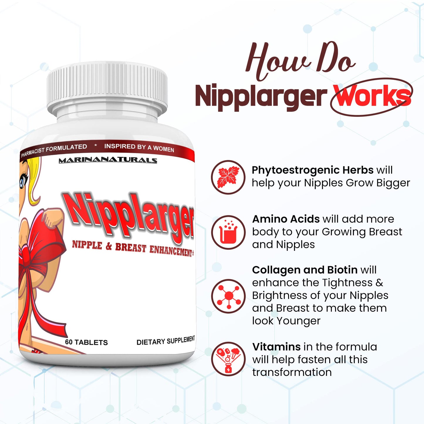 MARINANATURALS Nipplarger Nipple Enlargement, Breast Enlargement, Skin Tightening – Enjoy Larger, Fuller, Firmer Nipples and Breasts Tablet 1 Count