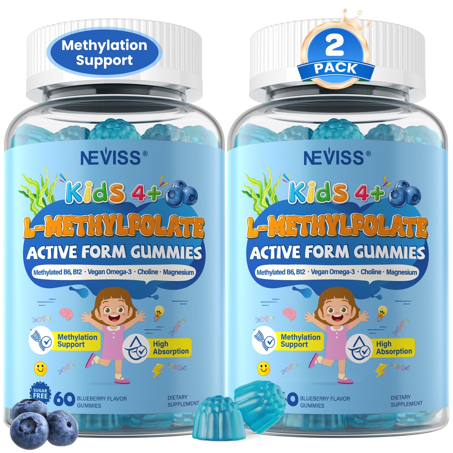 NEVISS L-Methylfolate 1000mcg Gummies for Kids & Teens with Methyl B6 & B12, MTHFR Support, Sugar Free, 120 Gummies