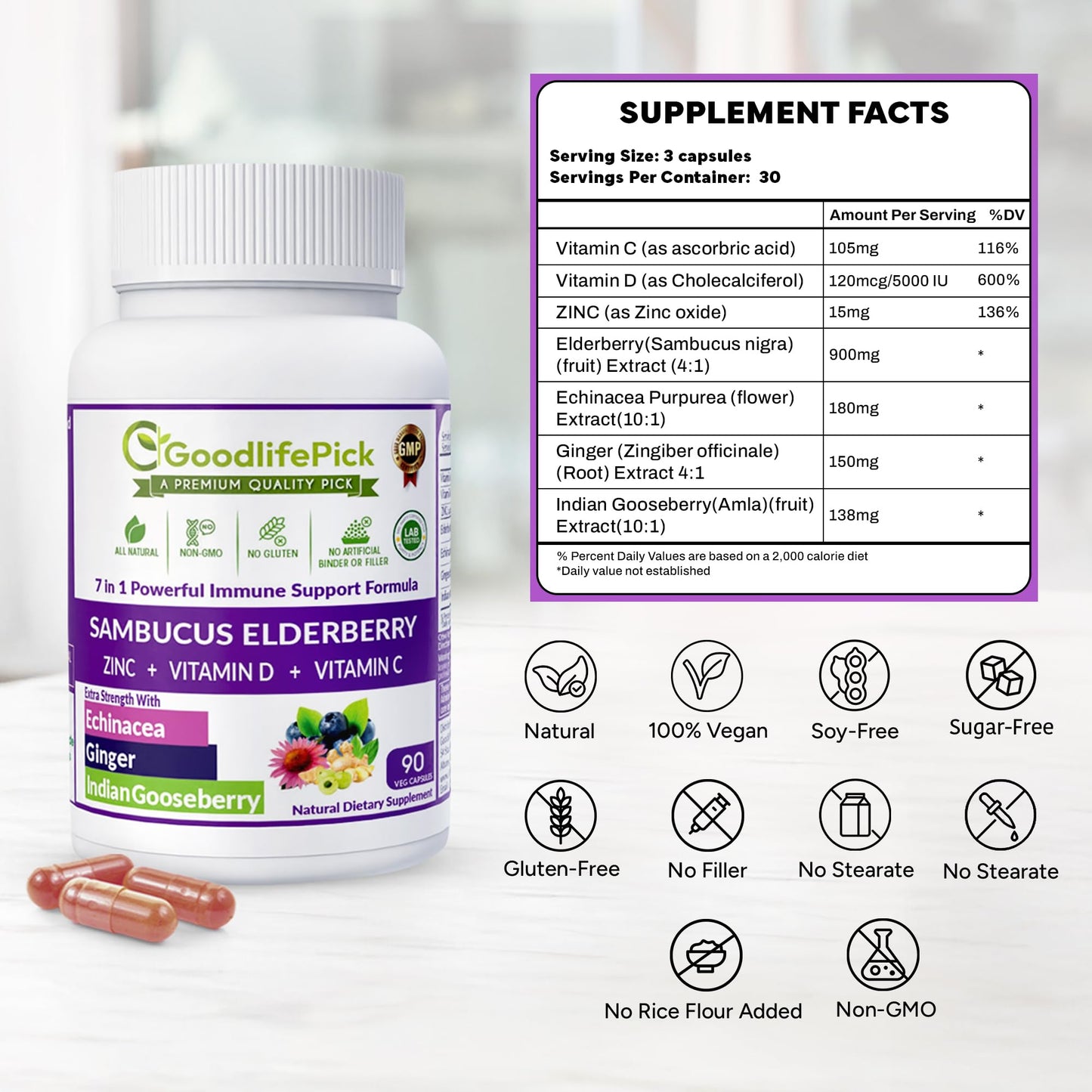 GoodlifePick 7 in 1 Elderberry with Zinc, Vitamin C, Vitamin D, Echinacea, Ginger & Indian Gooseberry (Amla) Premium Elderberry Capsules 90 ct