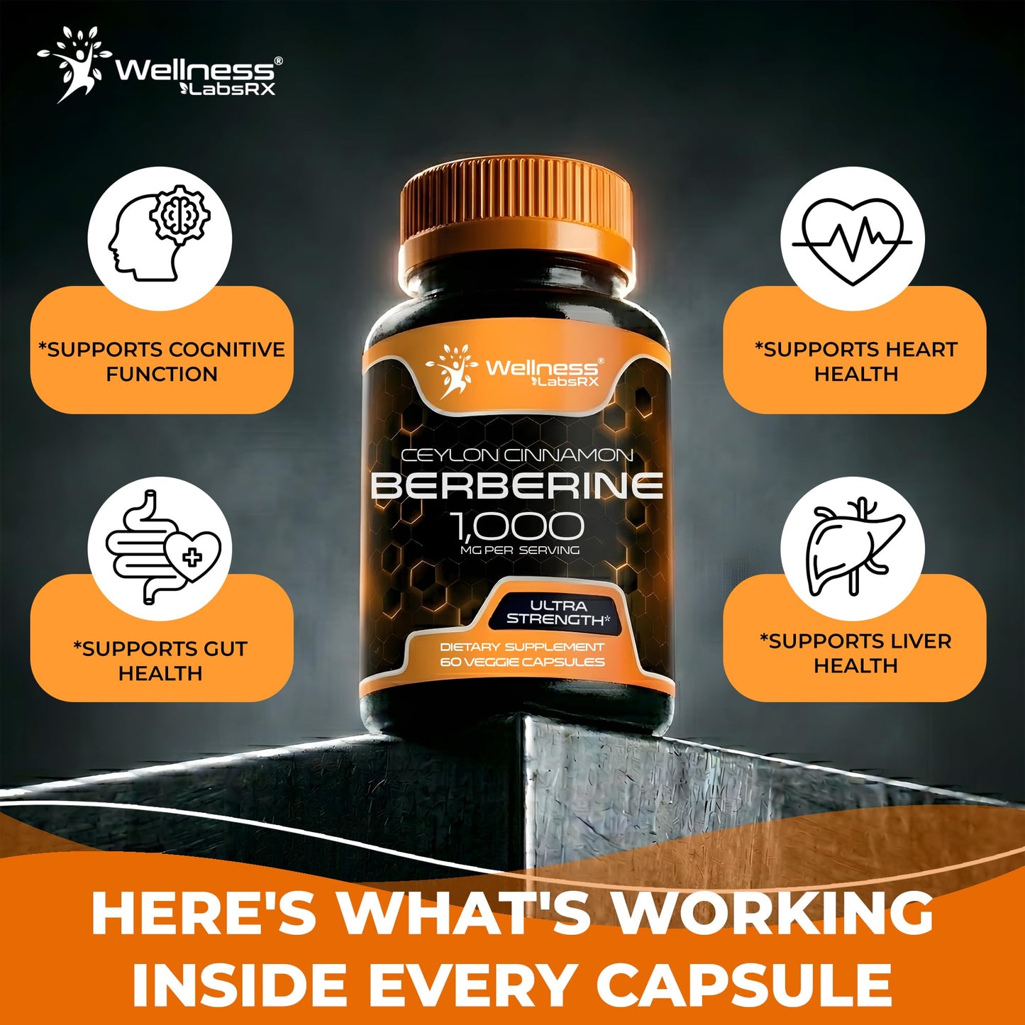 WELLNESS LABSRX Berberine 1,000mg - Third-Party Tested Berberine Supplement HCL with Ceylon Cinnamon, Black Pepper Extract and Apple Cider Vinegar, Heart Support 240 Capsules