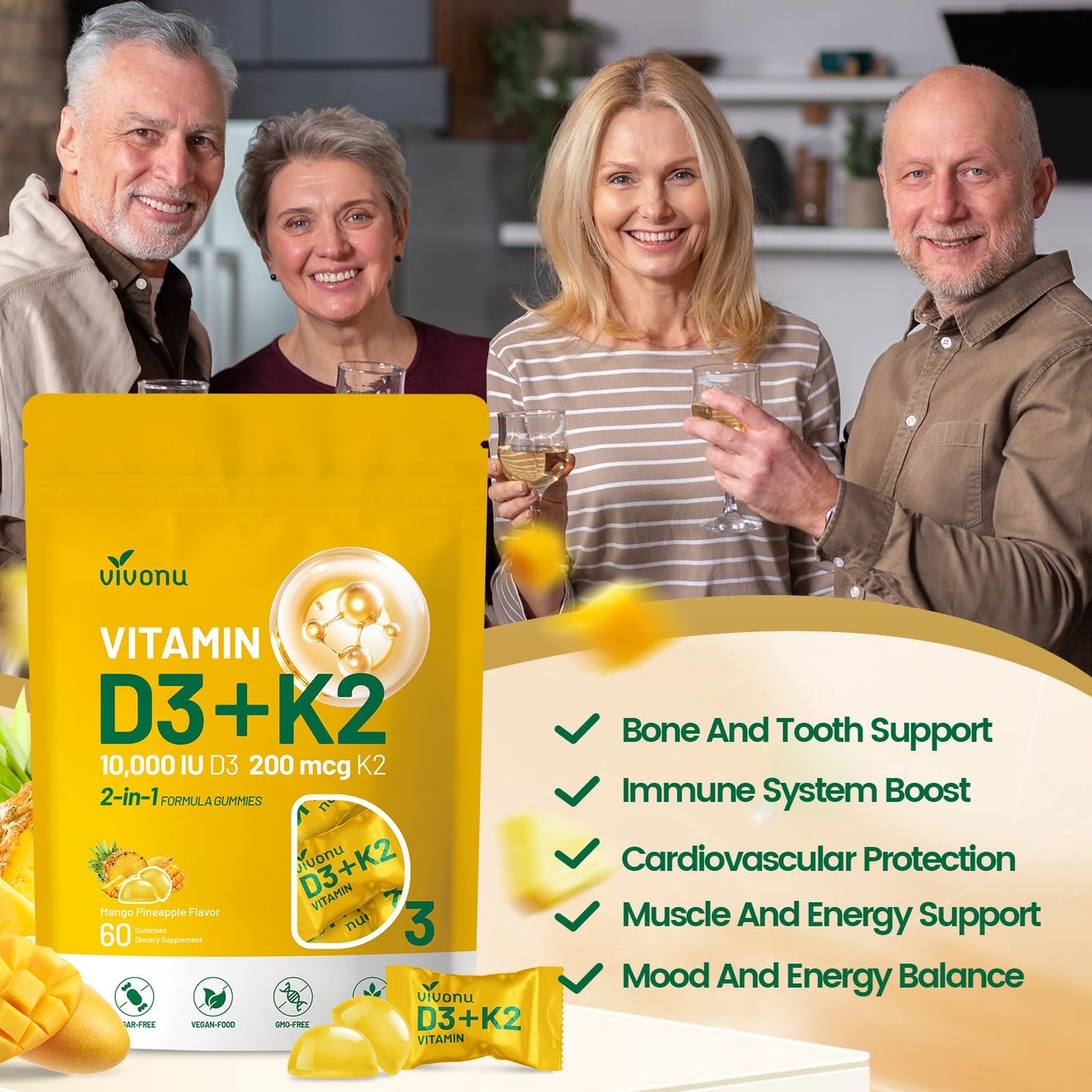 VivoNu Vitamin D3 K2 Gummies 60 Count