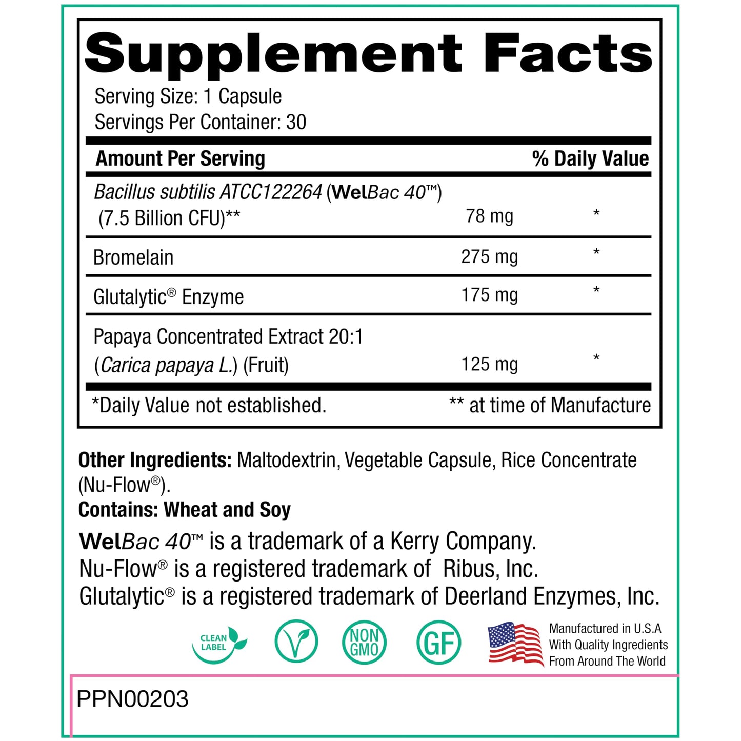 Peak Pure & Natural Peak Digestion Probiotic Supplement - Digestive Enzymes with Bacilus Subtilis Non Dairy Probiotic for Optimal Gut Health - Supports Gluten Digestion, Helps Deter Bloating & Constipation Capsules 30