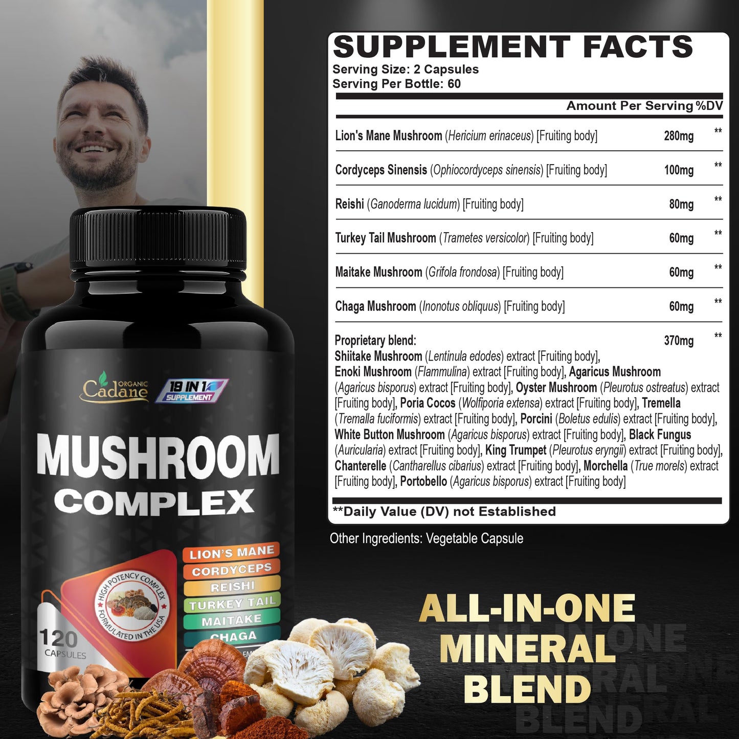 Organic Cadane Mushroom Complex Supplements 19in1 Concentrated with Lions Mane, Cordyceps Sinensis, Reishi, Turkey Tail Mushroom, Maitake, Chaga, Shiitake, Enoki, Agaricus, and More 120 Capsules