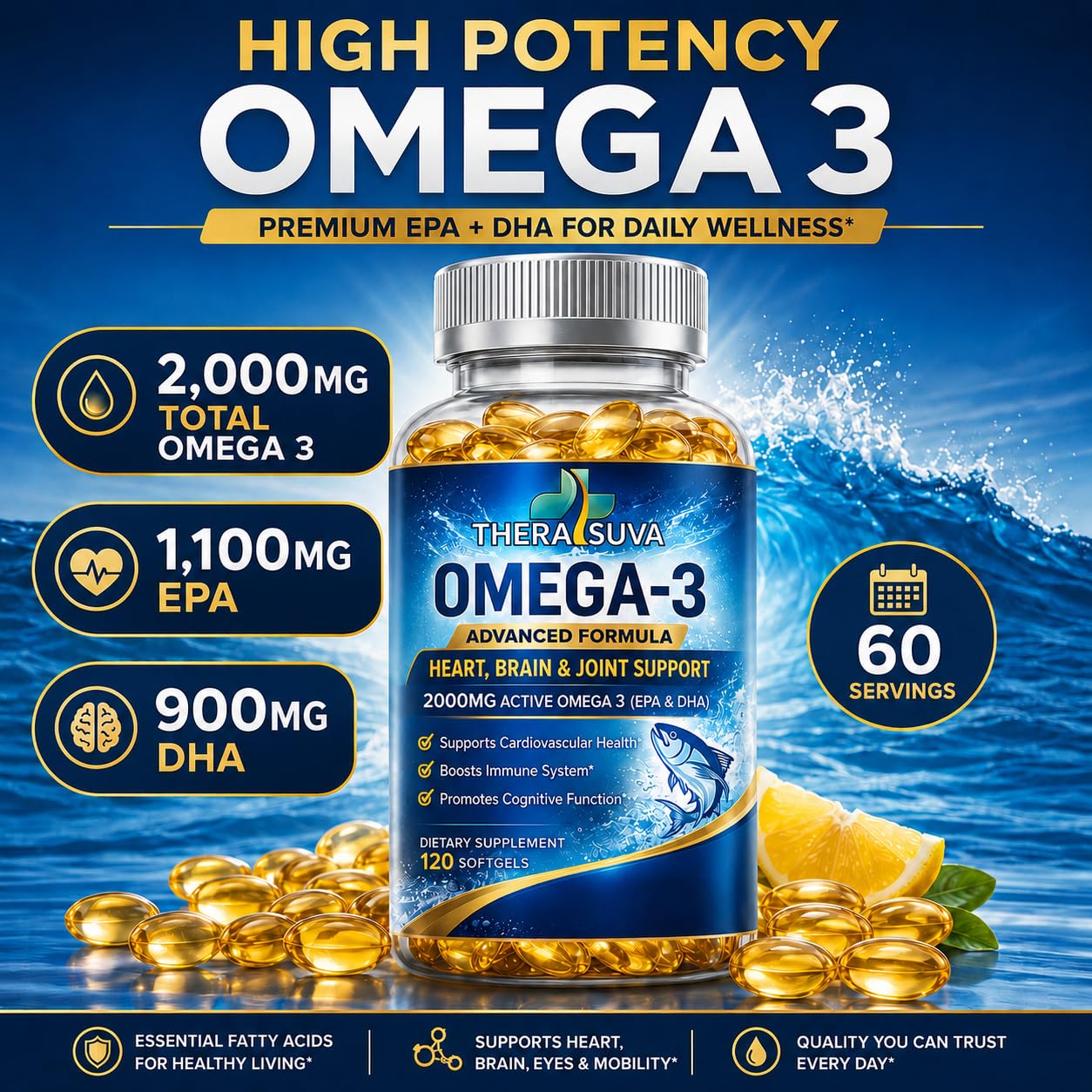 TheraSuva Premium Alaskan Fish Oil Softgels, 120 Count