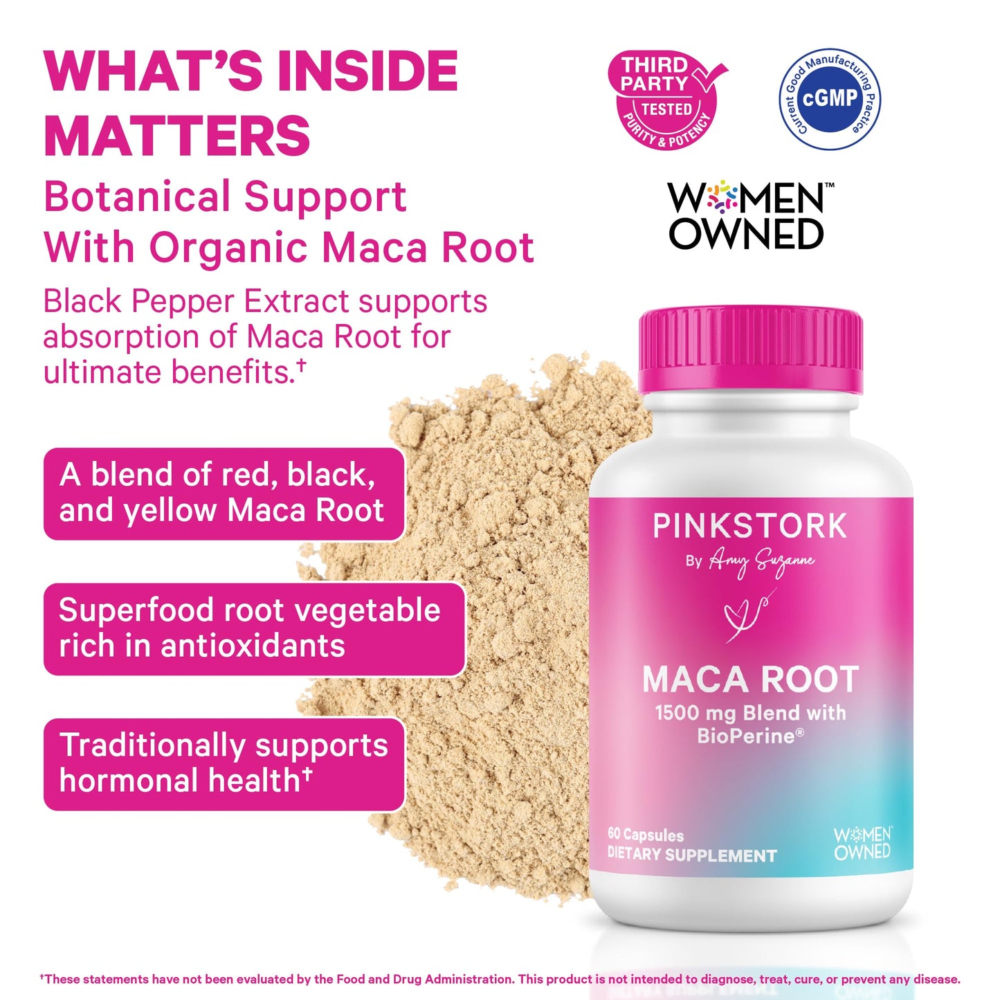 Pink Stork Maca Root Capsules for Women, Organic Maca with BioPerine, 60 Capsules