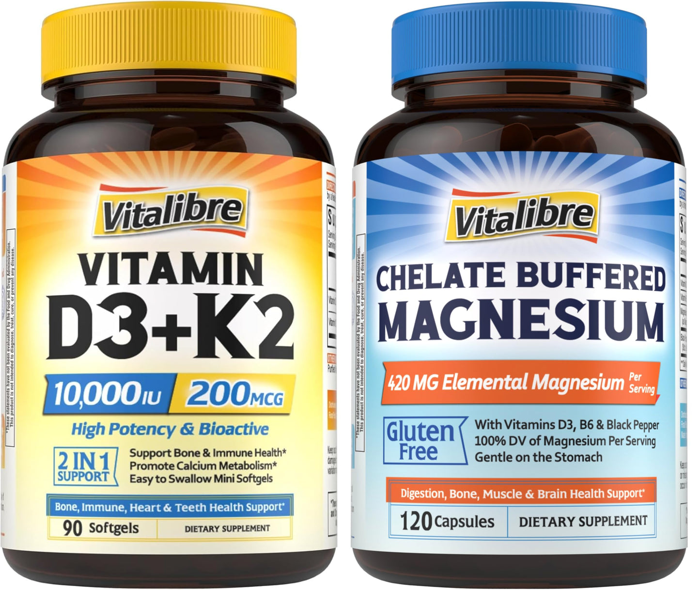 Vitalibre Vitamin D3 K2 Softgels 10,000 IU & Magnesium Citrate 420mg with Vitamin D3 & B6 Capsules, 210 Count