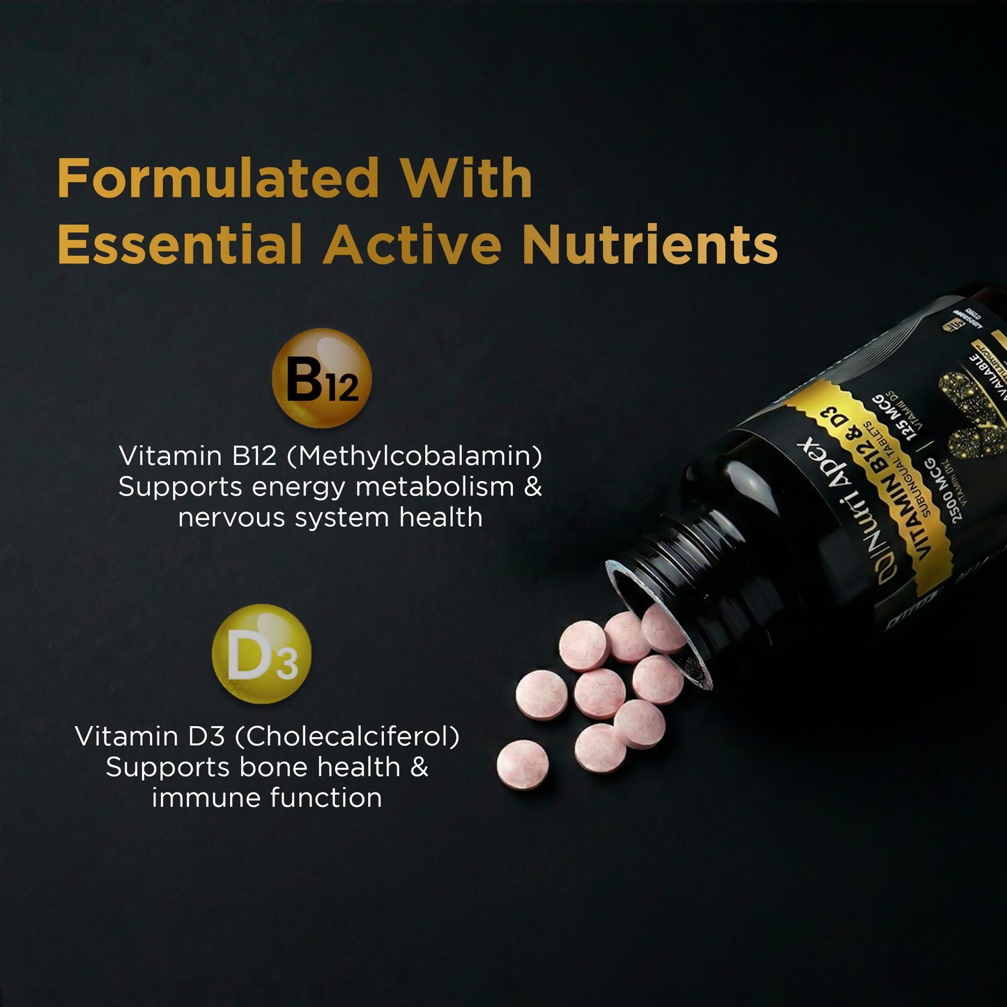Nutri Apex Vitamin B12 2500mcg + Vitamin D3 5000 IU (125mcg) Sublingual Tablets, 120 Count