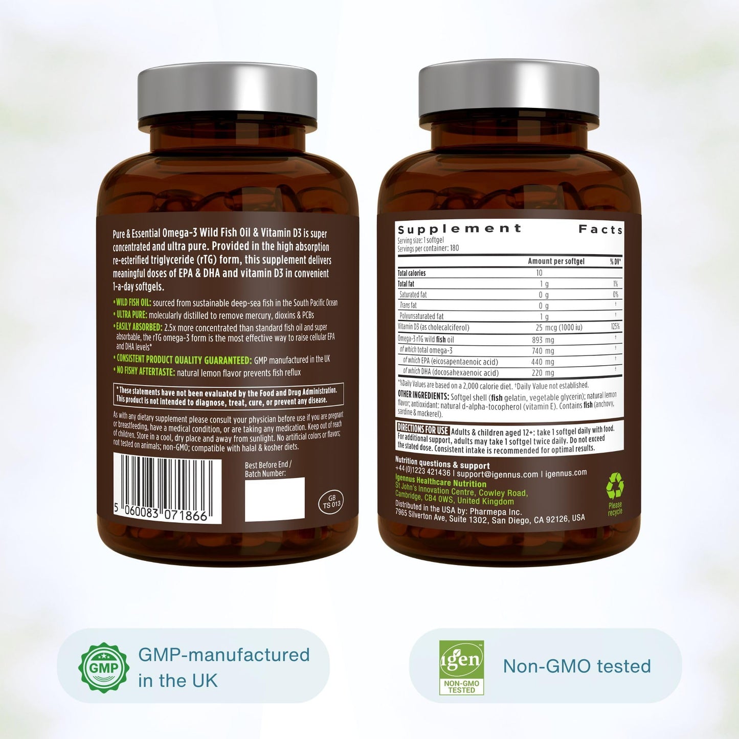 Igennus Healthcare Nutrition Ultra Pure Omega-3 rTG, IFOS Certified Wild Fish Oil & Vitamin D3 Softgels 180