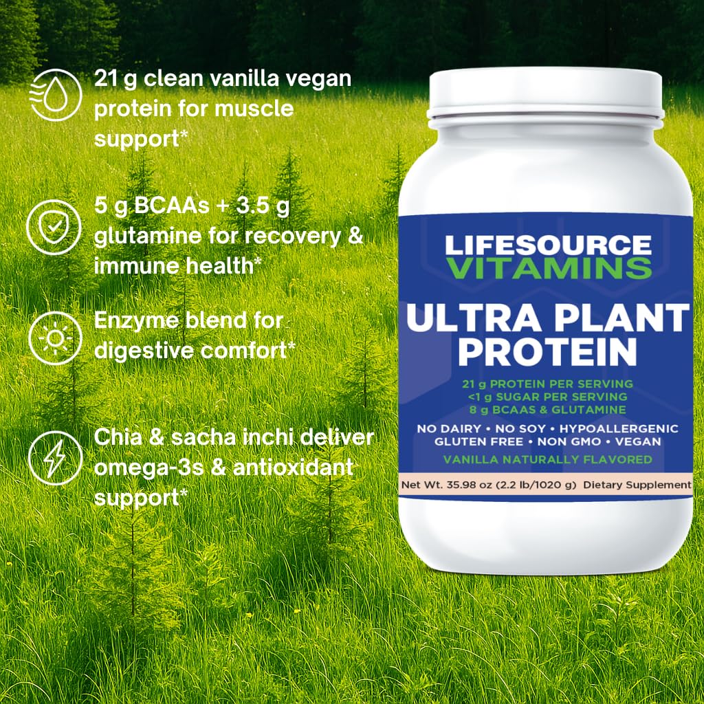 LifeSource Vitamins Ultra Plant Protein - Raw Vegan Plant Based Protein - Vanilla Protein Powder, 35.2