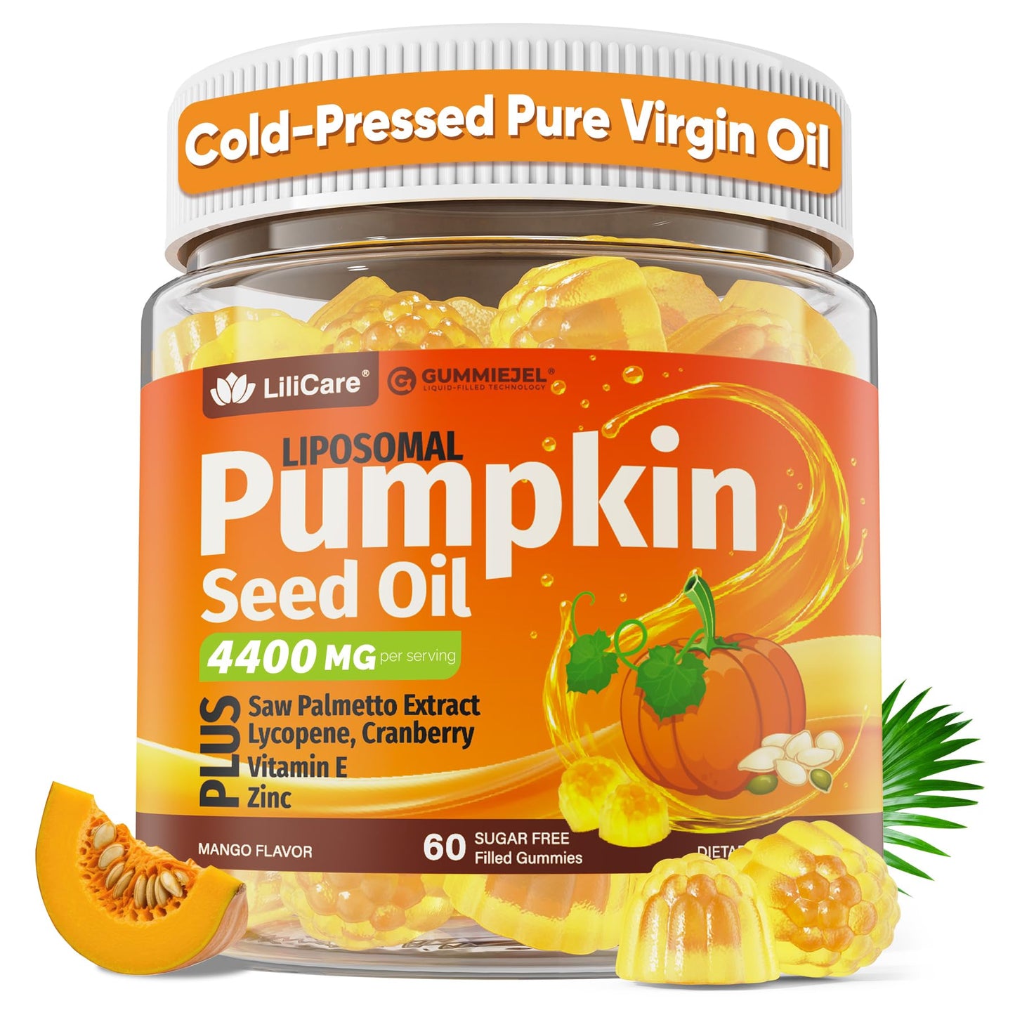 LILICARE Pumpkin Seed Oil Gummies 4400mg with Saw Palmetto, Cranberry, Lycopene, Vitamin E, Zinc, Cold Pressed, Pure Virgin Pumpkin Seed Oil for Hair Growth, Skin, Urinary, Bladder & Prostate Health 60 Count
