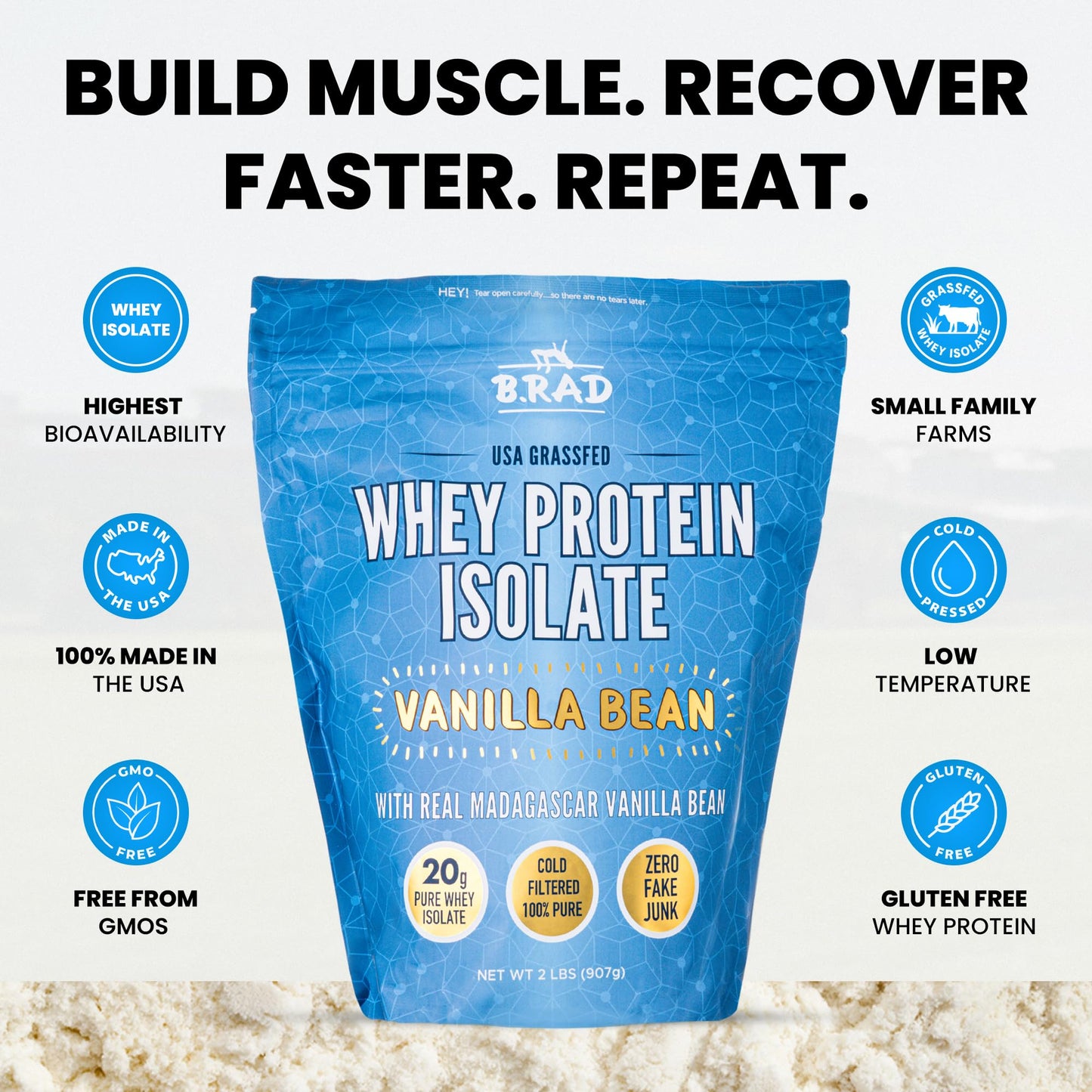 B.rad Grass Fed Whey Protein Isolate Powder Vanilla Bean, 2 Pound, 32 Servings