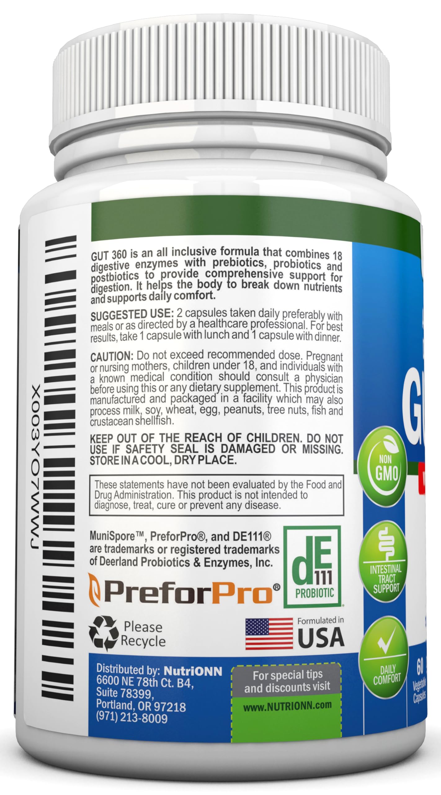 NutriONN 4-in-1 Probiotics, Prebiotics & Postbiotics with 18 Digestive Enzymes for Women & Men Capsules, 60 Count