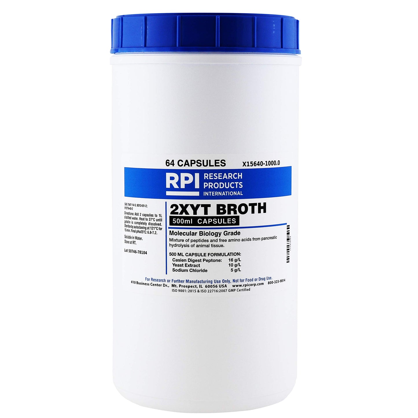 RPI 2XYT Broth Powder, 64 Total Capsules per Bottle
