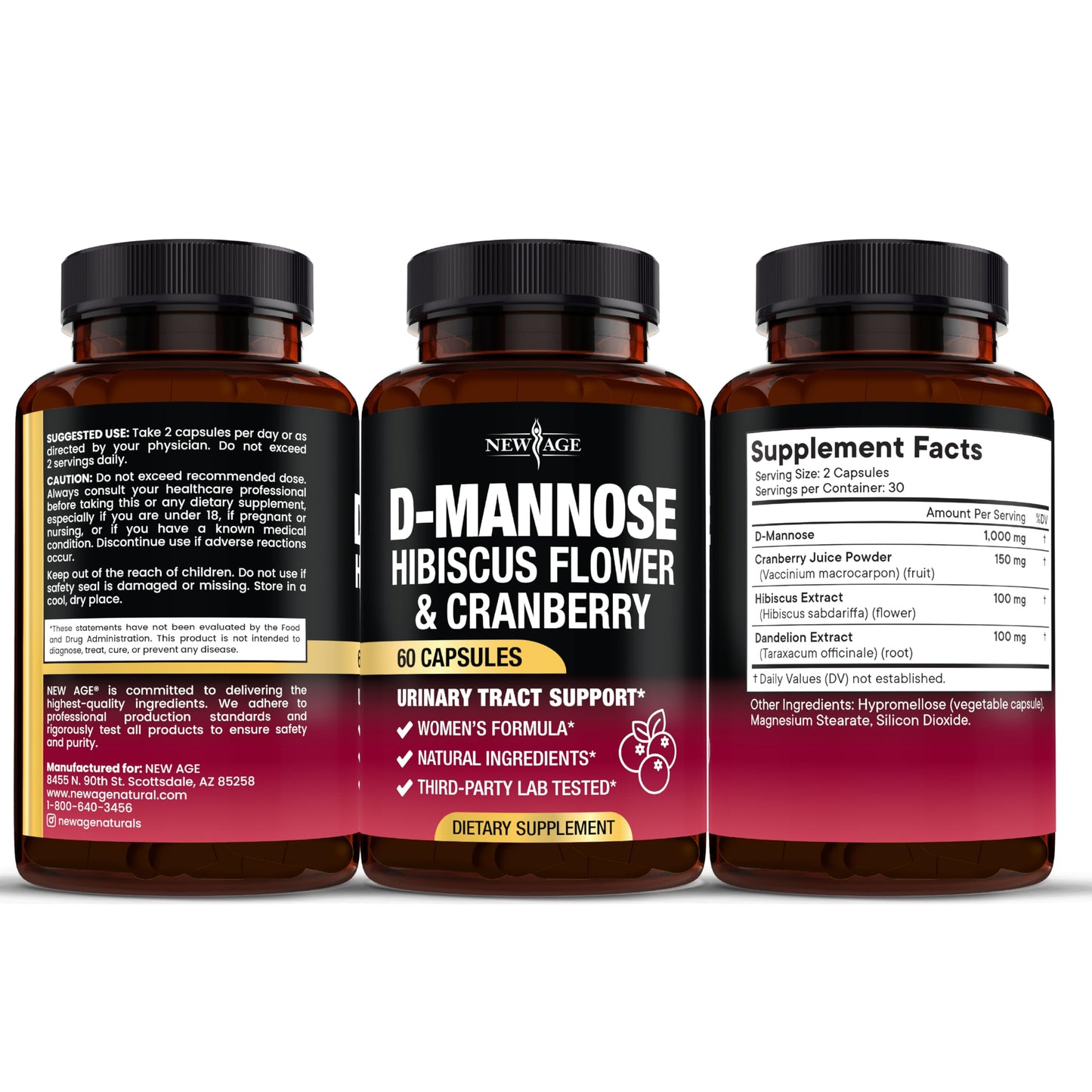 New Age D-Mannose with Cranberry & Hibiscus Capsules, 120 Count