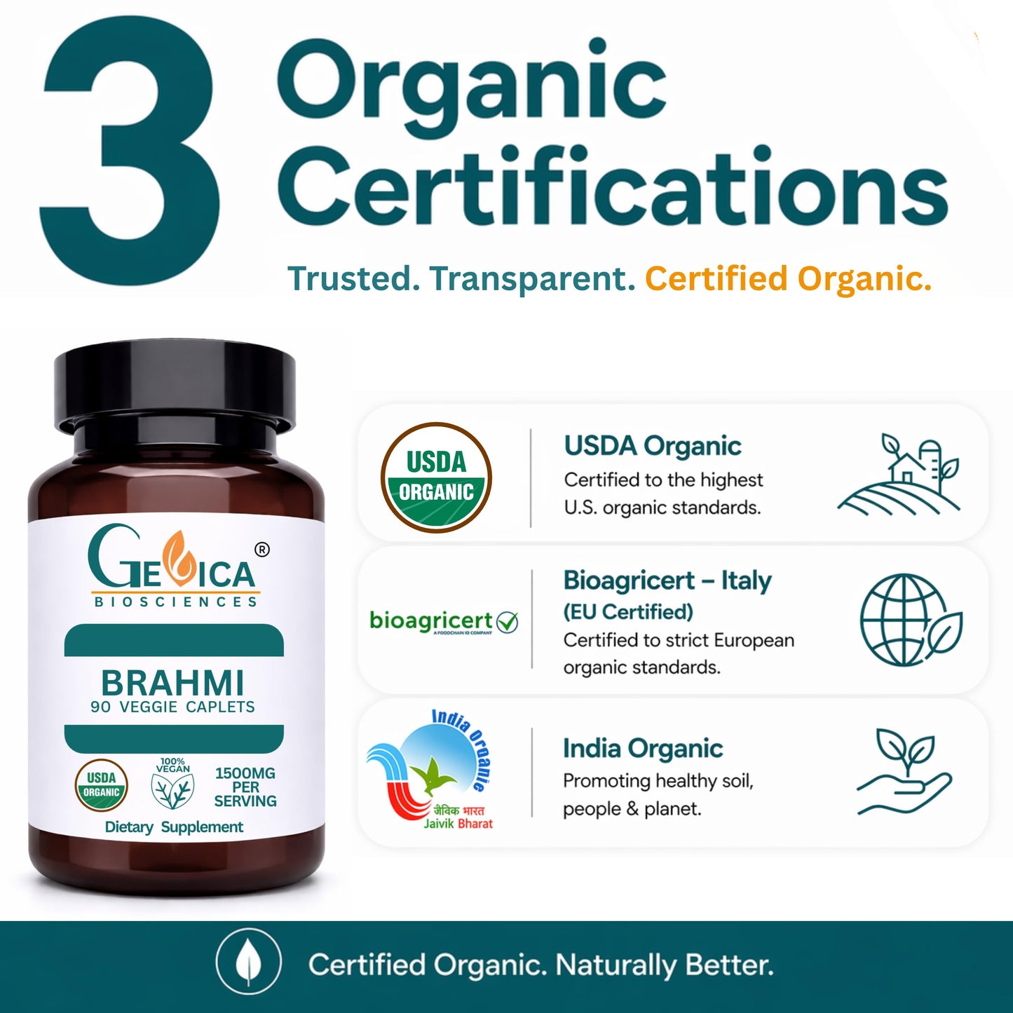 GeVica Biosciences Brahmi Bacopa monnieri Whole Herb, 1500 mg per Serving, No Extract, USDA Organic Vegan Caplets, 90