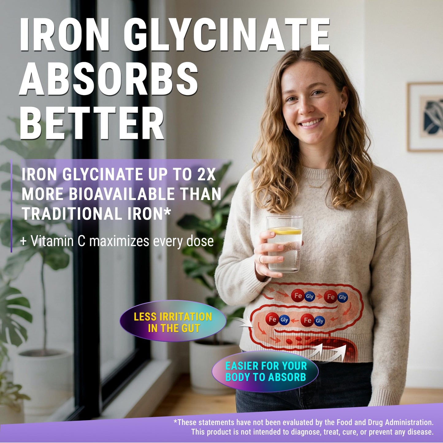 New Elements Iron Glycinate 50mg + Vitamin C, Folic Acid 1000mcg, Vitamin B12 Softgels, 60 Count