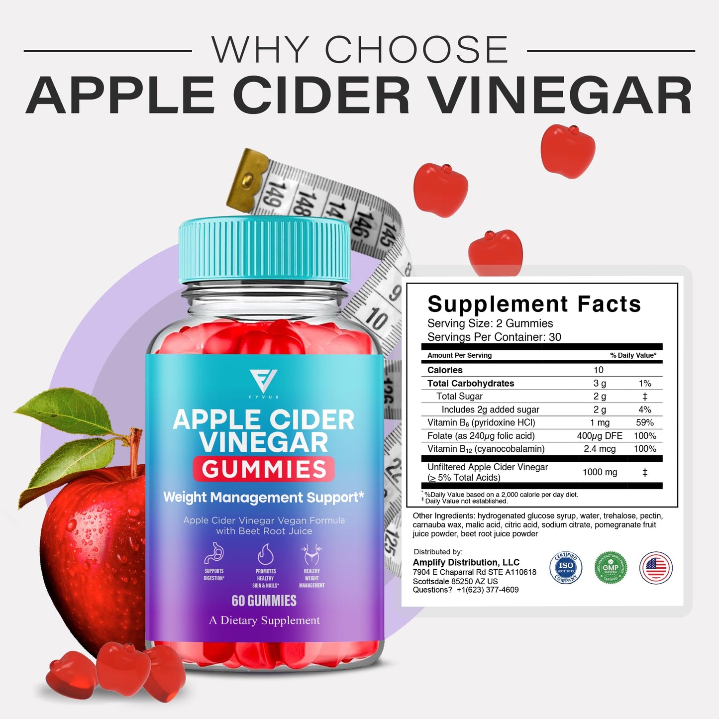 Fyvus Apple Cider Vinegar Gummies, 120 Gummies
