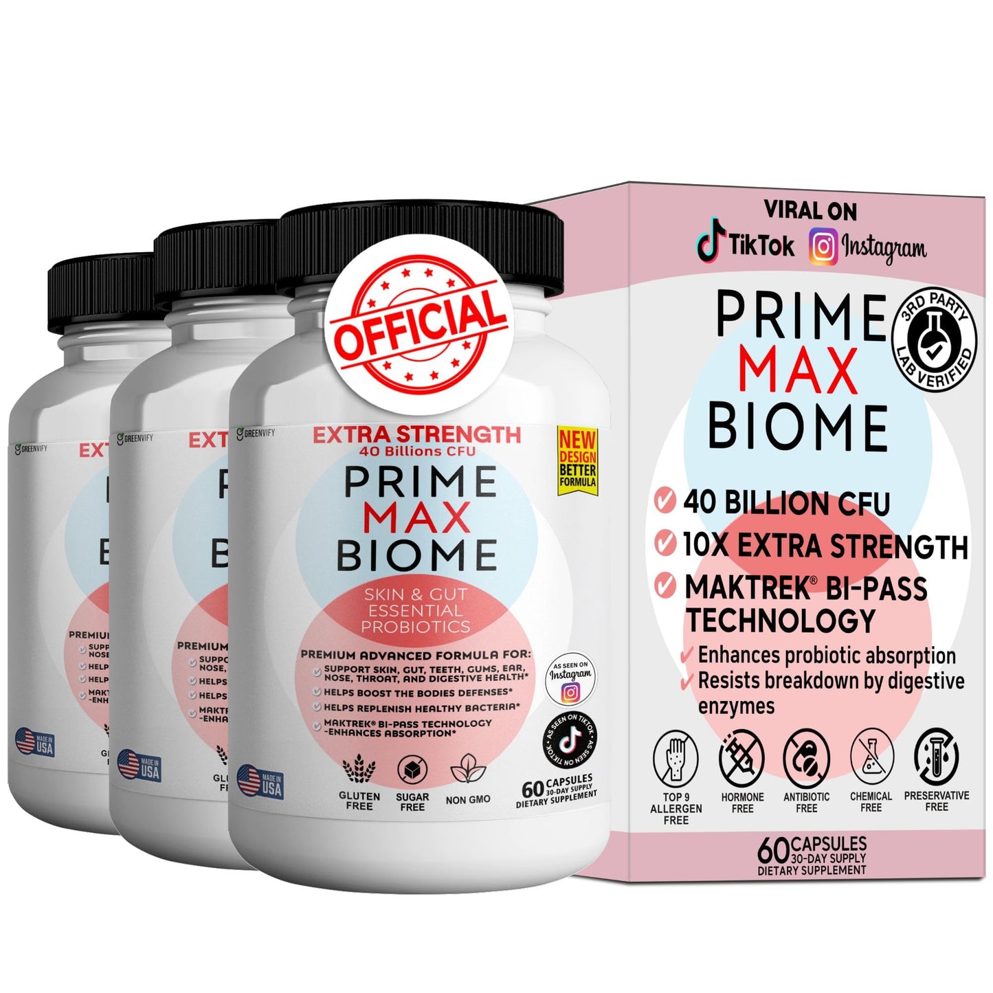 GREENVIFY Prime Max Biome Probiotics 40 Billion CFU – Extra Strength Skin & Gut Support with MAKTrek® Bi-Pass Technology – 4 Strains + Prebiotics – Non-GMO, Gluten-Free, 180 Capsules