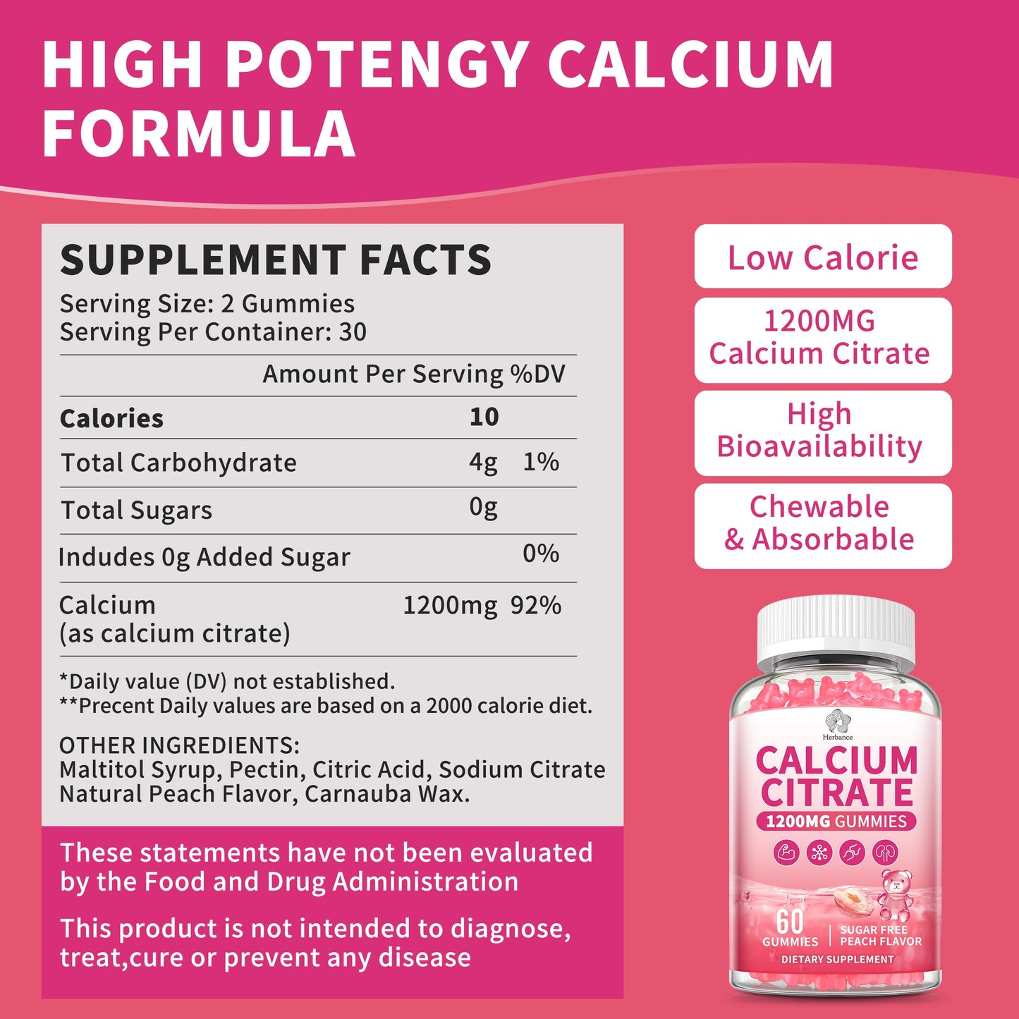 Herbance Calcium Citrate 1200 mg Gummies for Adults & Kids, 120 Gummies