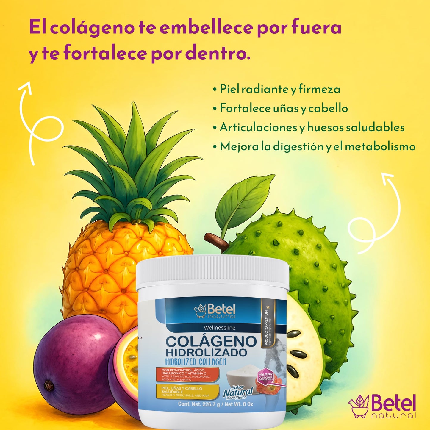 Betel Natural Hydrolyzed Collagen Powder with Hyaluronic Acid, Resveratrol and Vitamin C, 8 oz