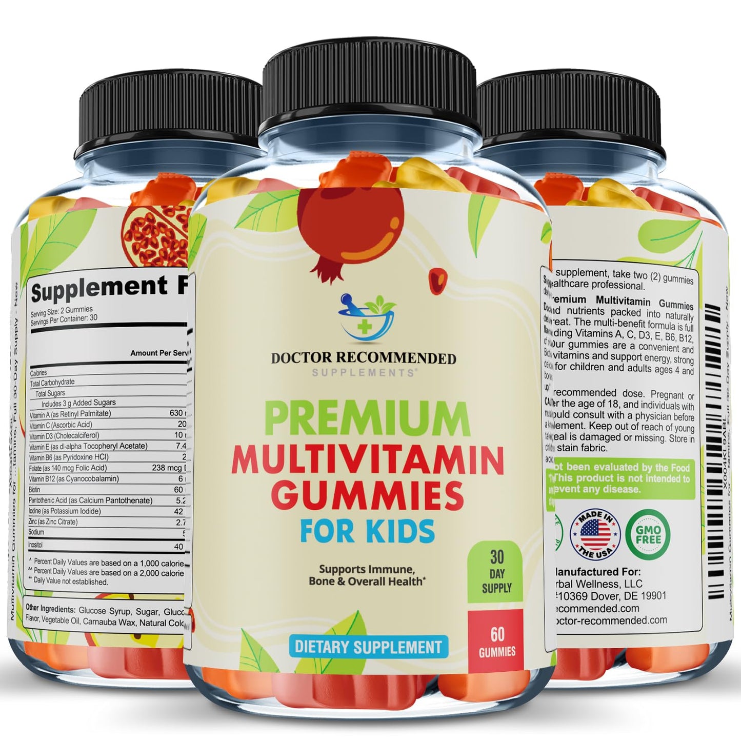 DOCTOR RECOMMENDED SUPPLEMENTS Premium Multivitamin Gummies for Toddlers & Kids - Essential Daily Vitamins A, C, D3, E, B6, B12, Biotin, 60 Gummies