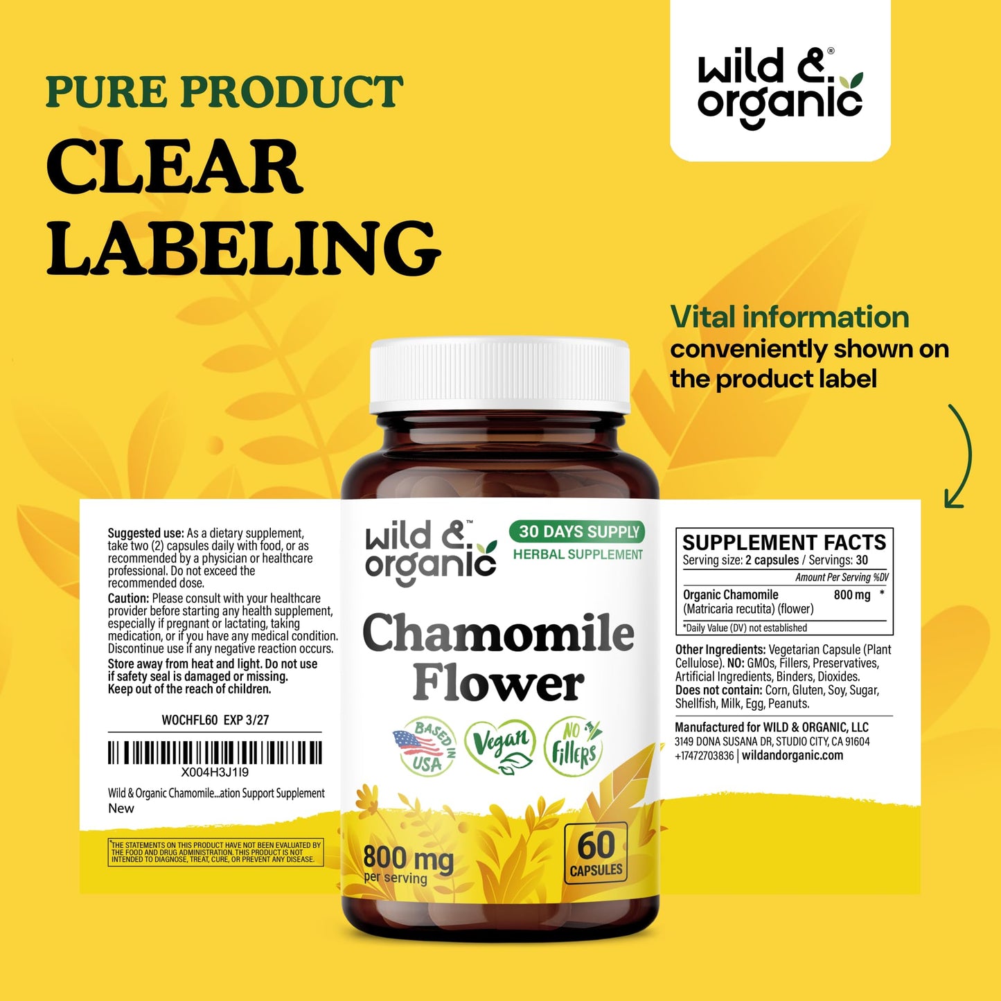 Wild & Organic Chamomile Capsules 800 mg, 60 Count