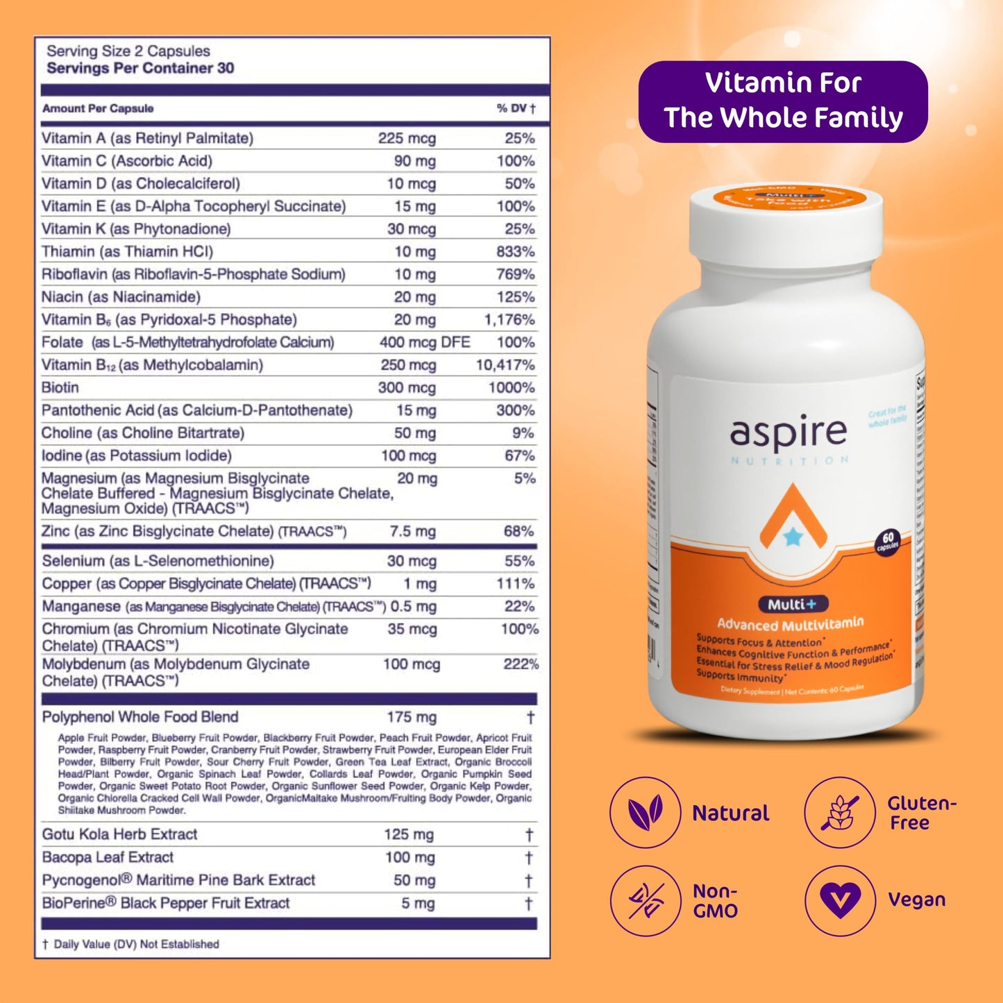 Aspire Nutrition Aspire Multi+ Advanced Multivitamin for Men, Women & Kids Capsules, 60 Count