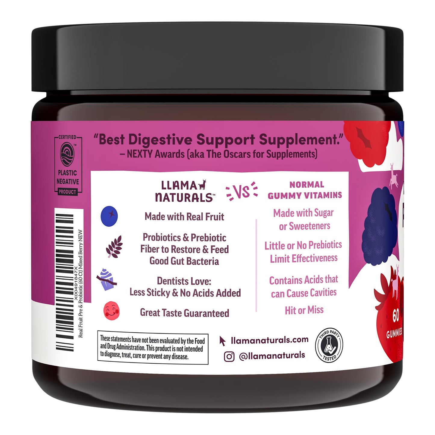Llama Naturals Probiotics for Women and Men with Prebiotic Fiber Real Fruit Gummies, 120 Count