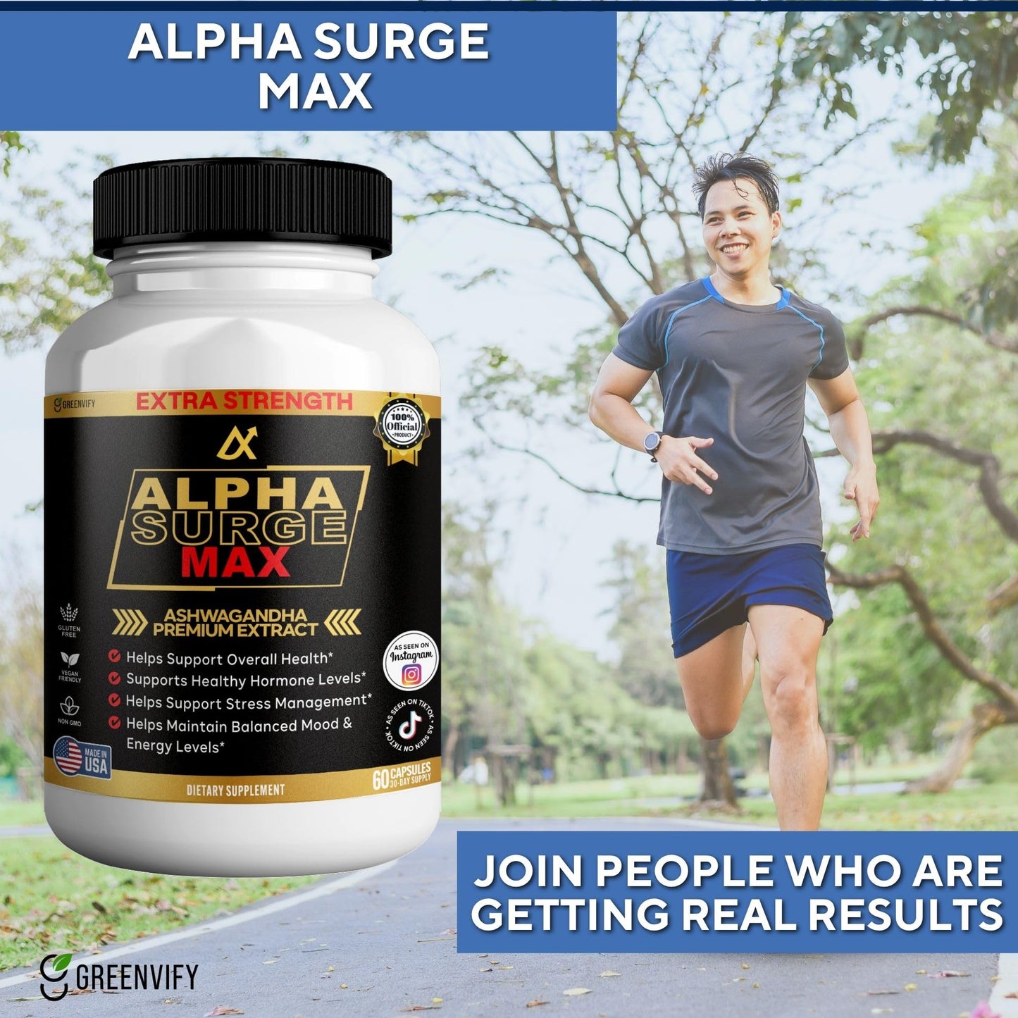 GREENVIFY Alpha Surge Max Organic Ashwagandha Black Pepper Extract 60 Capsules