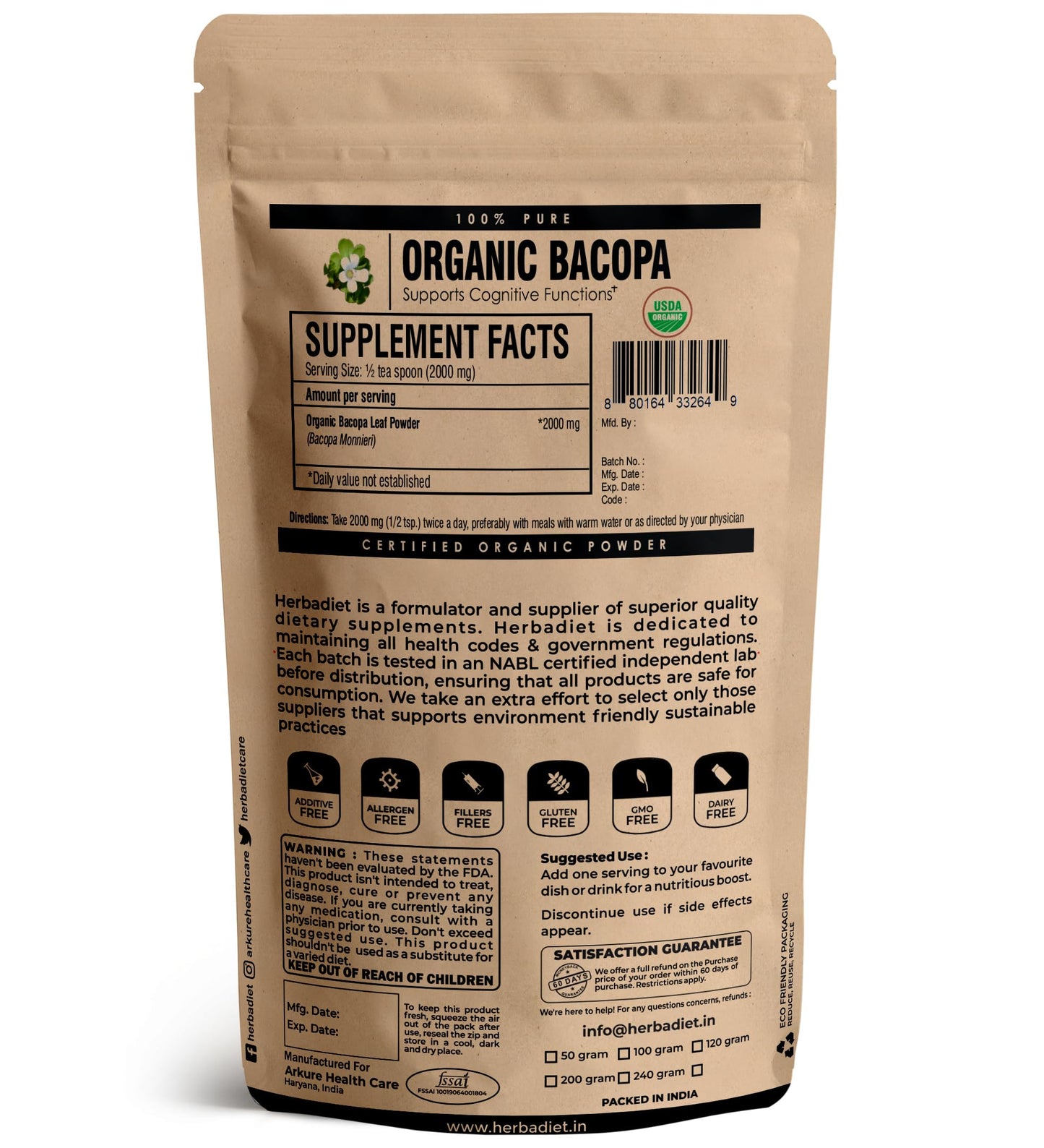 Herbadiet Organic Bacopa Monnieri Powder 8 oz