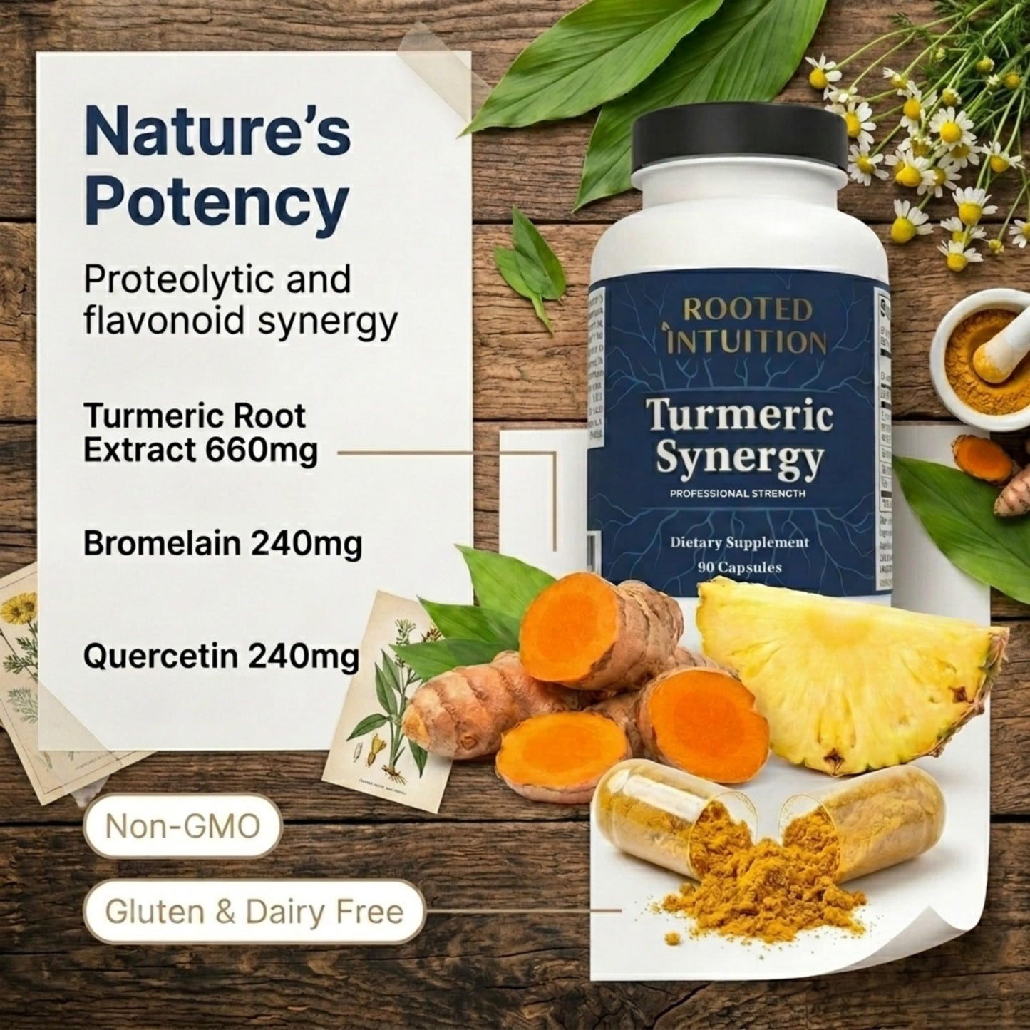 Rooted Intuition Turmeric Curcumin Matrix with Quercetin, Bromelain & Rutin, Inflammation & Joint Support, 90 Capsules