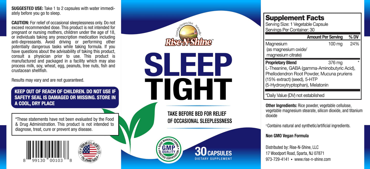 Rise-N-Shine Sleep Tight Supplement with 5-HTP, Magnesium, GABA and L-Theanine for Women and Men, 30 Capsules