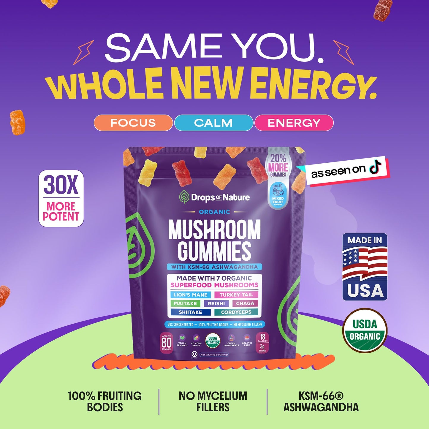 Drops Of Nature Organic Mushroom Gummies & Ashwagandha - Mixed Berry, 80 Gummies