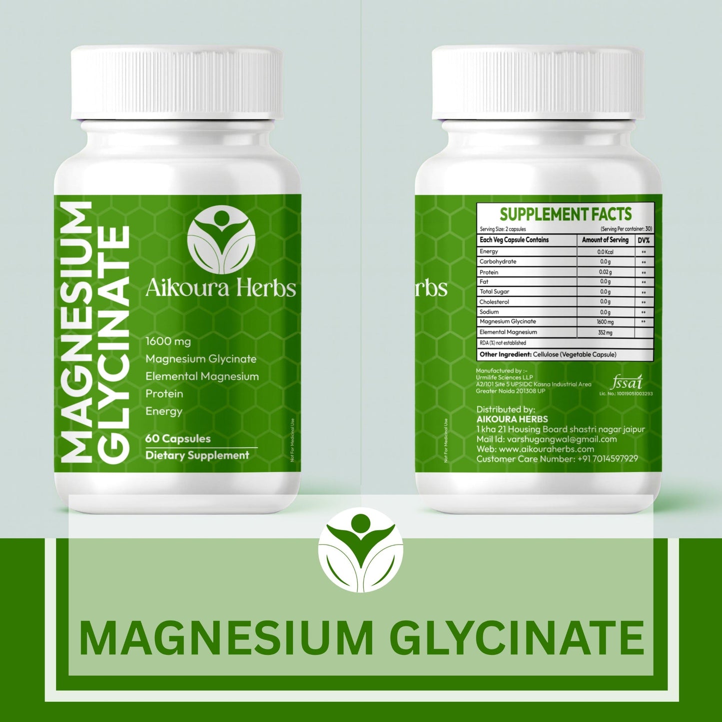 AIKOURA HERBS Magnesium Glycinate 1600mg Capsule, 60 Count