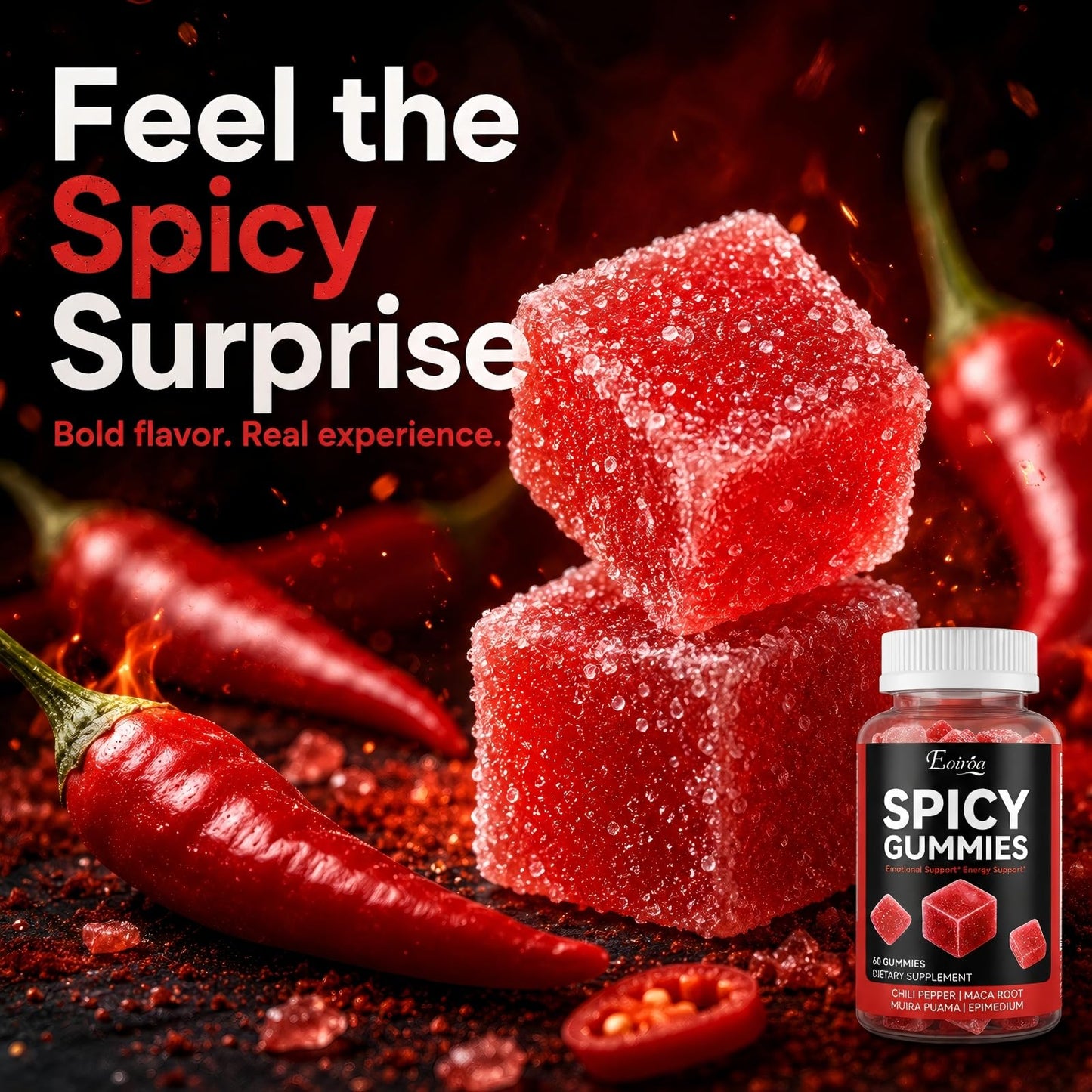 Eoiroa Spicy Gummies Cubes for Couples, Sweet Heat Chili Candy with Maca Root & Epimedium to Support Shared Energy, Mood & Daily Vitality, 60 Count