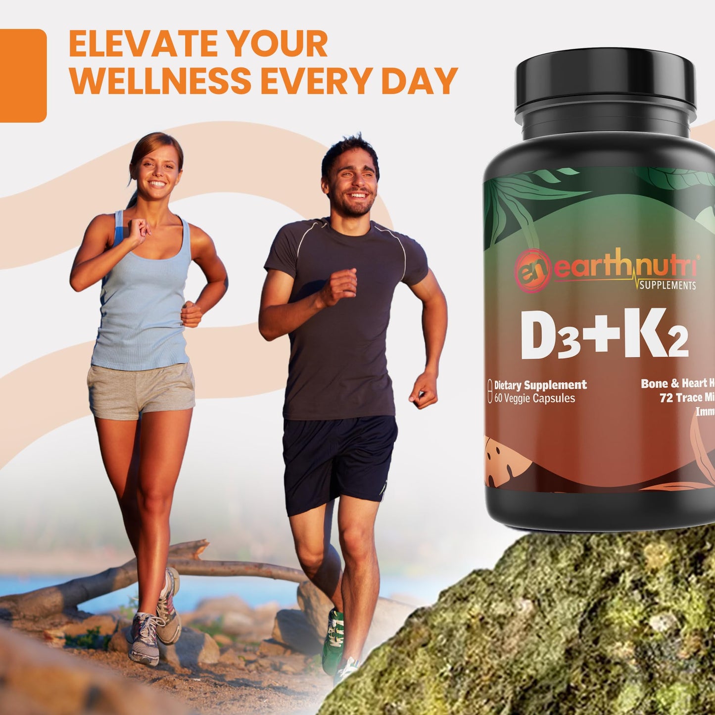 EarthNutri Vitamin D3 Plus K2 Capsule, 60 Count