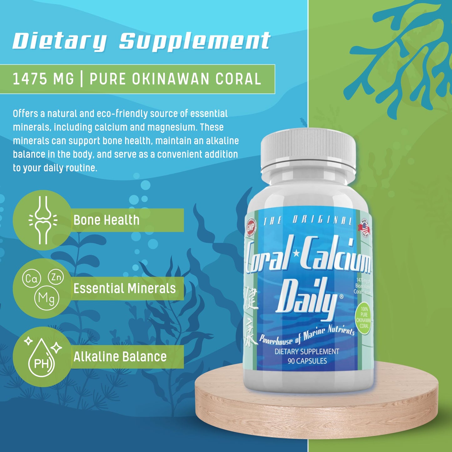 Daily Health Coral Calcium Pure Okinawa Marine-Grade Supplement with 72 Trace Minerals 1475mg, 90 Vegetable Capsules