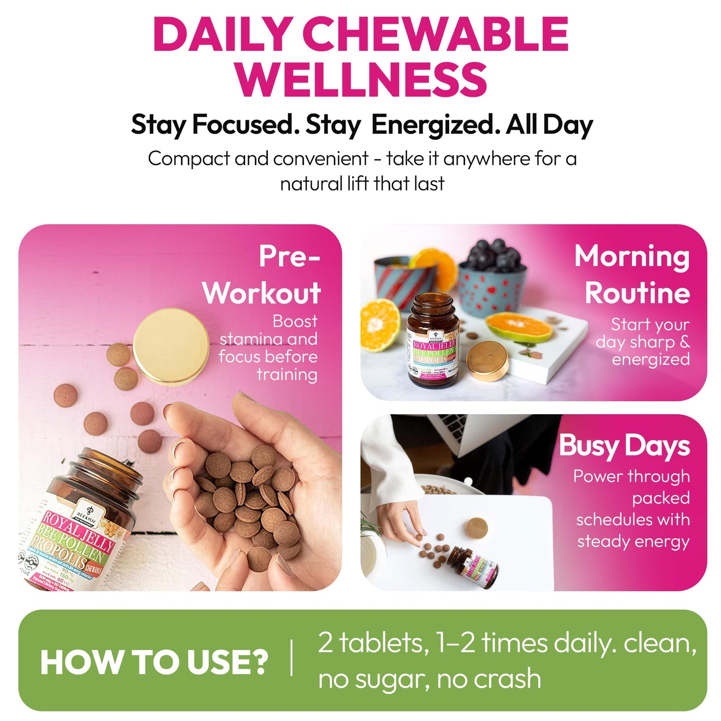 BEE & YOU Chewable Royal Jelly Tablets with Propolis Extract, Bee Pollen, Vitamins and Minerals, 60 Tablets