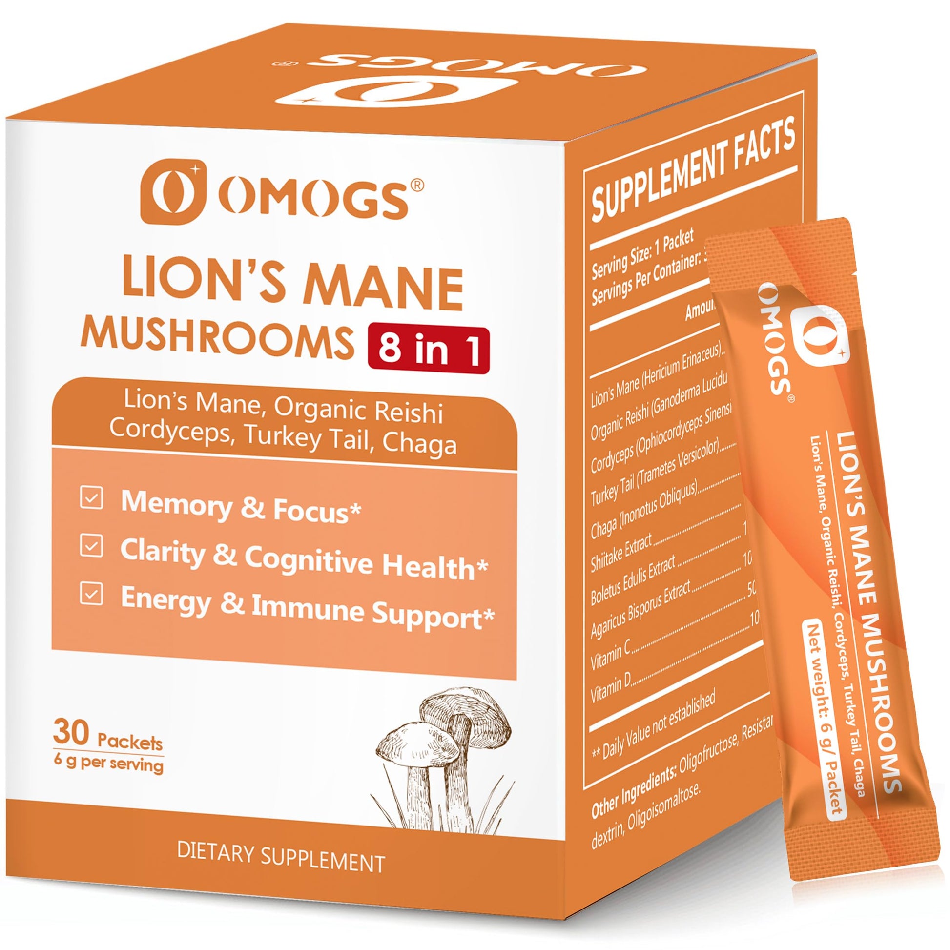OMOGS Organic Mushroom Complex Extract Powder Blend Lion's Mane, Reishi, Chaga, Cordyceps, Turkey Tail, Supports Cognition and Brain Health, 1 Ounce