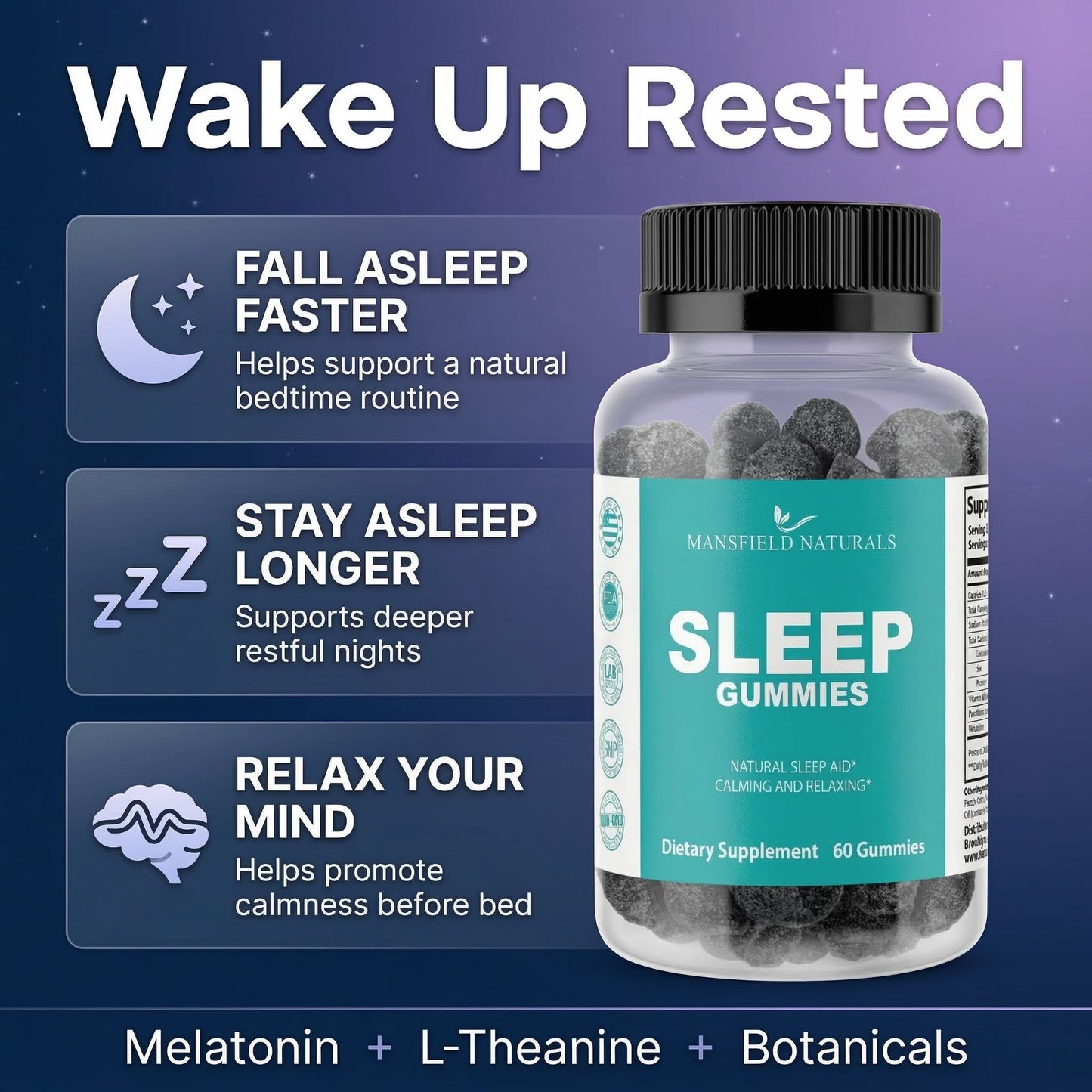 Mansfield Naturals Sleep Gummies with Melatonin, L-Theanine & Botanicals, Gummy, 60 Count
