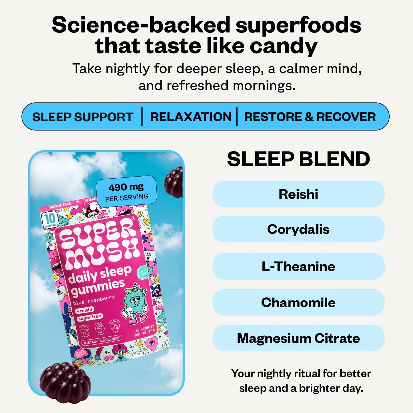 SuperMush Daily Sleep Melatonin-Free Sleep Aid Gummies 10 Count