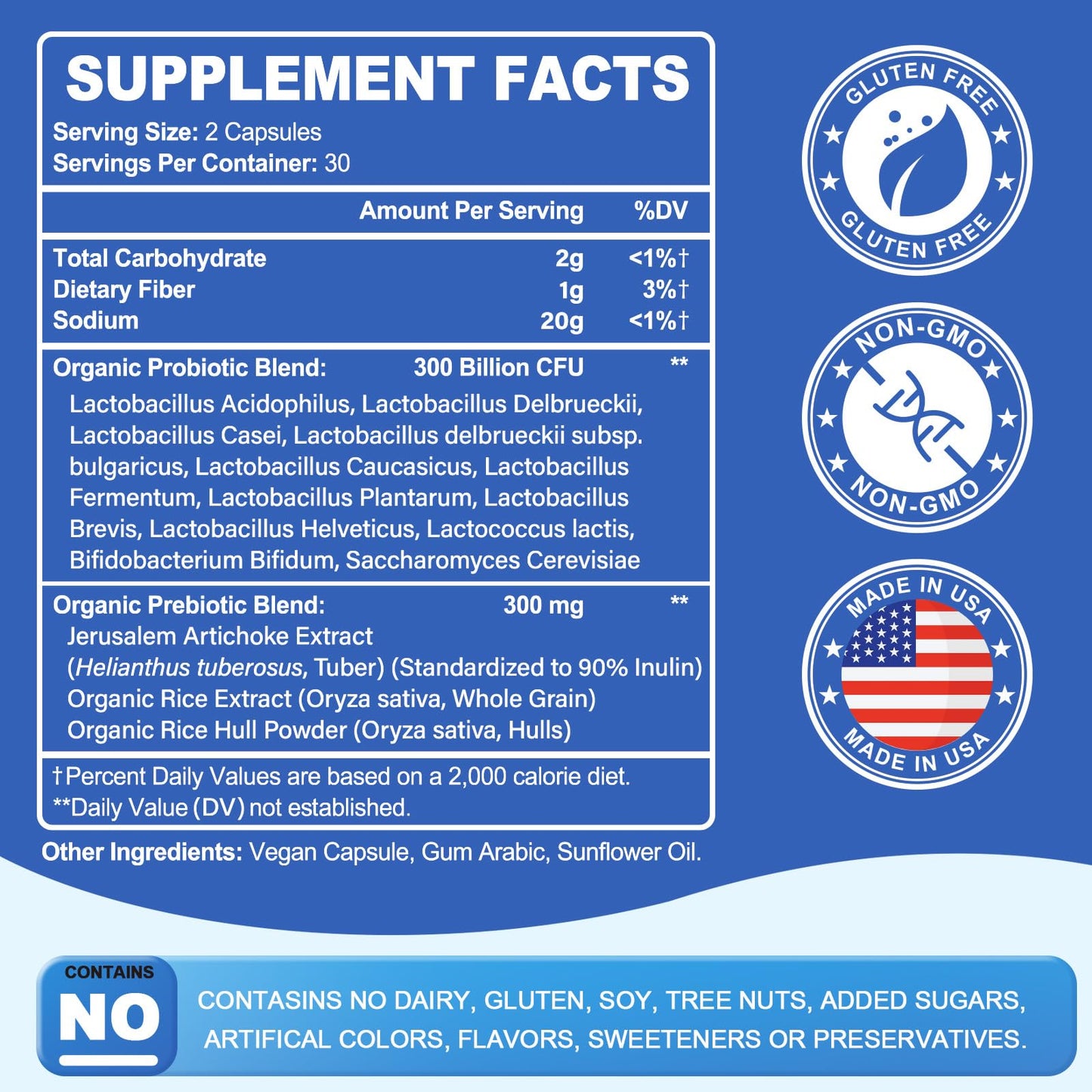 Linkvibe Probiotic 300 Billion CFU - 12 Strains with Organic Prebiotics for Digestive & Gut, Immune, Bloating Health - Probiotics for Women and Men - Daily Dairy Free, Shelf Stable Capsules 60 Count